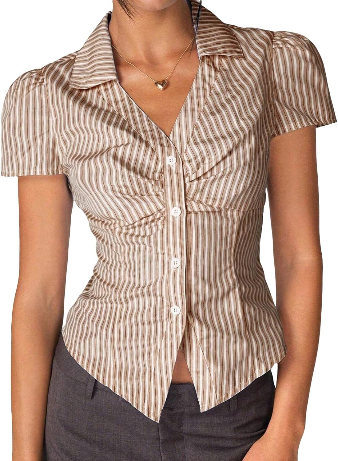 Y2K Women Striped Button Down Shirt Sexy V-Neck Turn Down Collar Puff Sleeve Casual Work Slim Short Blouses