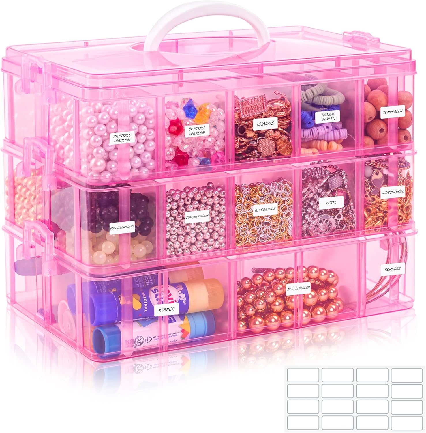 Winter Shore Organizador y Almacenamiento de Piezas Pequeñas Rosa Suministros para Manualidades con 3 Niveles y Etiquetas - Estuche de Plástico Apilable para Manualidades Vacío - Caja de Almacenamient