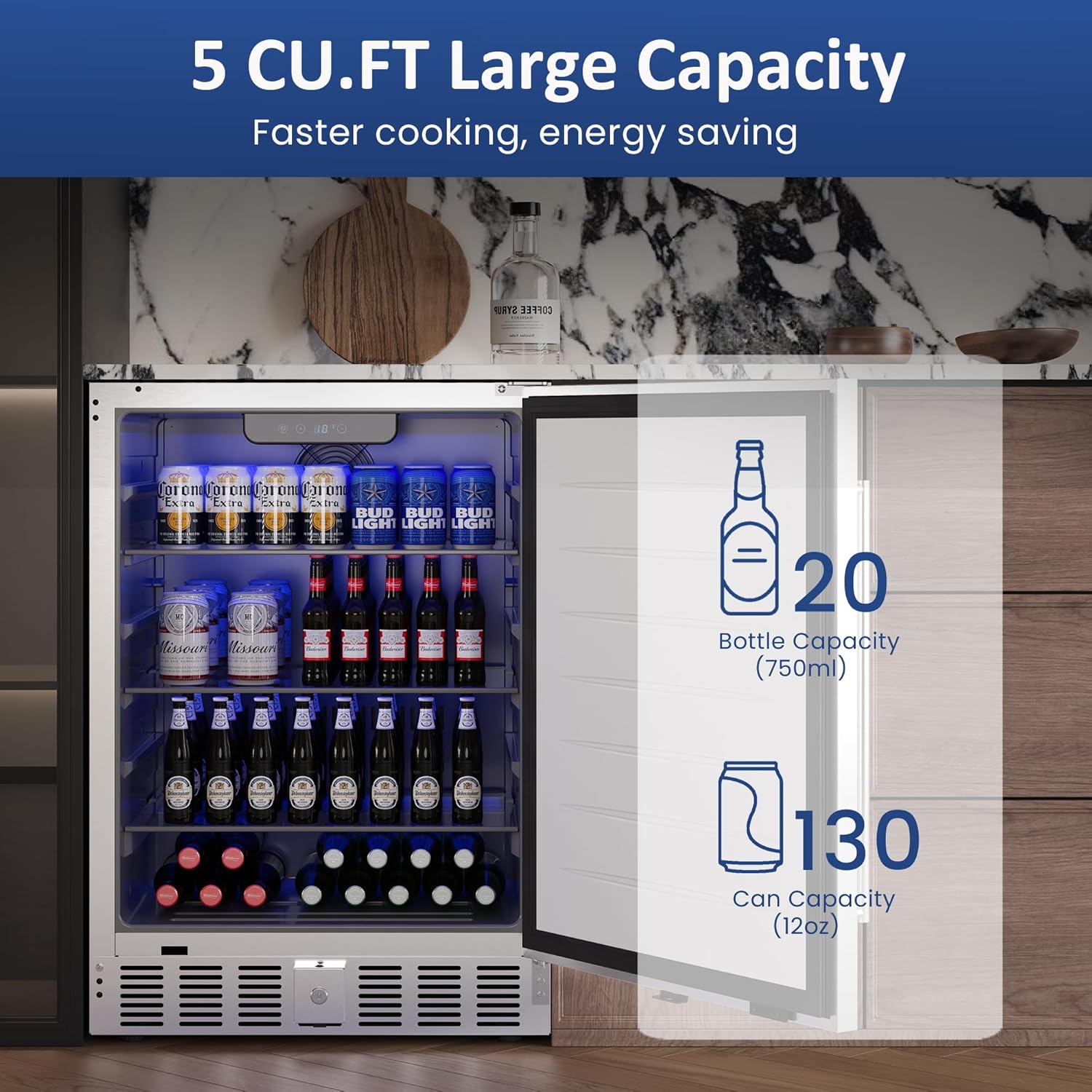 24 Inch Indoor Outdoor Beverage Fridge, Stainless Steel Under Counter Drink Refrigerator for 32-50℉, Outdoor Built-in/Freestanding Can Cooler for Home, Bar, Outdoor Kitchen, Silver