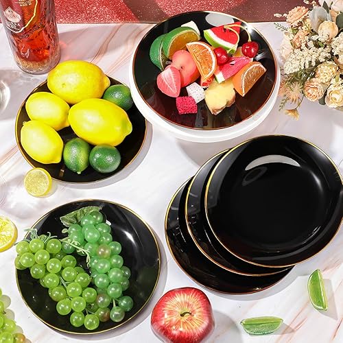 Miniatura 4 de Ziliny 50 platos de plástico negro con diseño de borde dorado, elegantes platos de postre negros para fiestas, platos llanos desechables a granel,