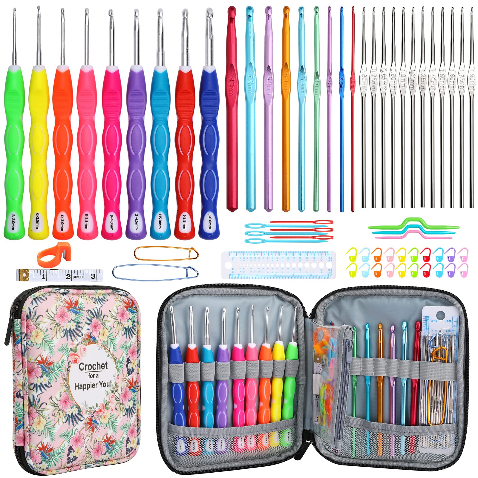 LOOEN Juego de agujas de ganchillo de aluminio de colores con estuche de almacenamiento, mango de goma, agarre cómodo, kit de manualidades para manualidades, 64 piezas