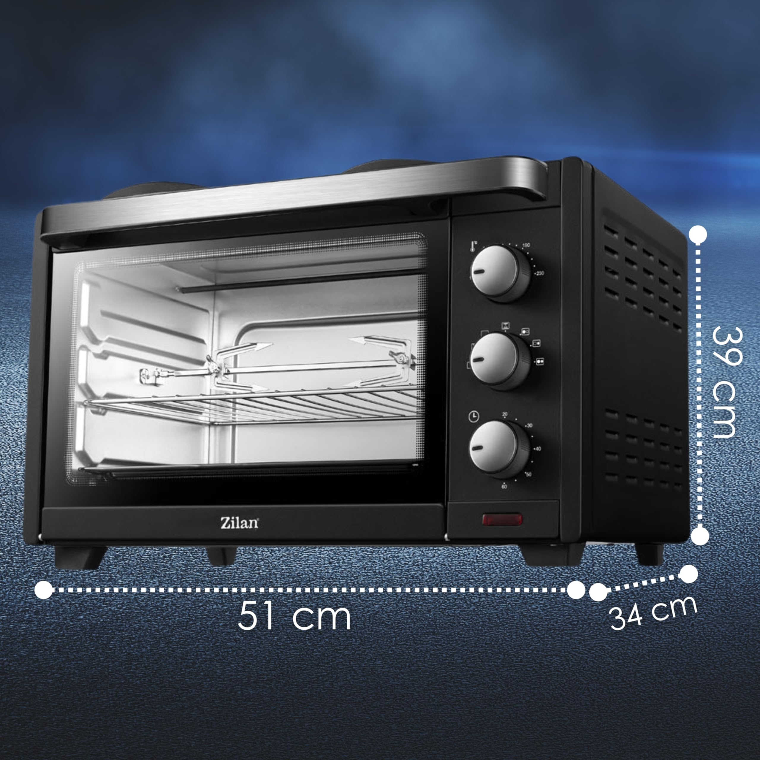 Mini Backofen mit Herdplatten 28 Liter | Elektrischer Drehspieß | Integrierte Kochplatten | Pizza-Ofen | Minibackofen | Miniofen | 3in1 Backofen | Krümelblech | Ober-/Unterhitze | Energiesparend