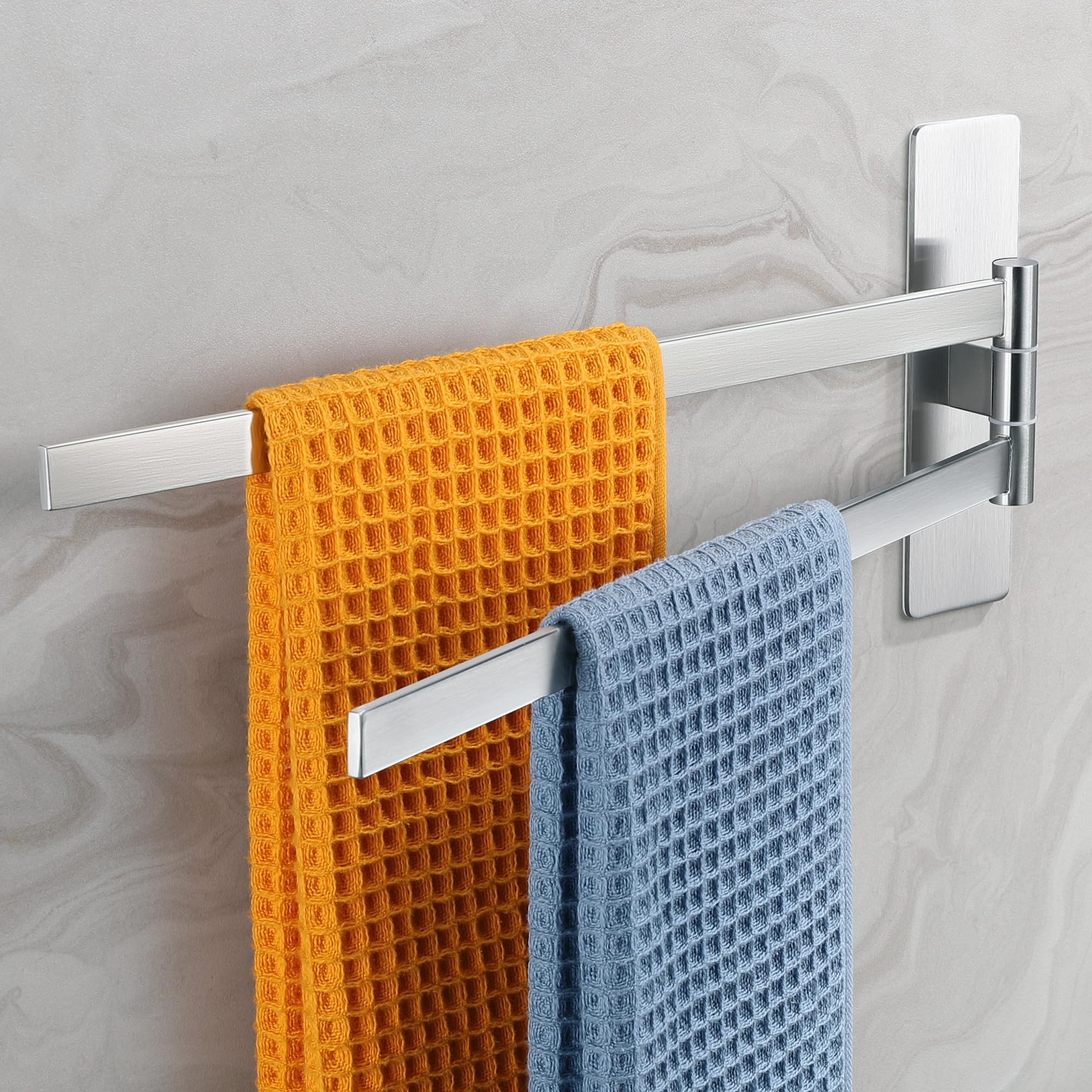 Dvocel Handtuchhalter Schwenkbar 2-armig Handtuchhalter ohne Bohren aus 304 Gebürstet Edelstahl Handtuchhalter Selbstklebend Wandmontage Handtuchstange für Bad und Küche, Silber