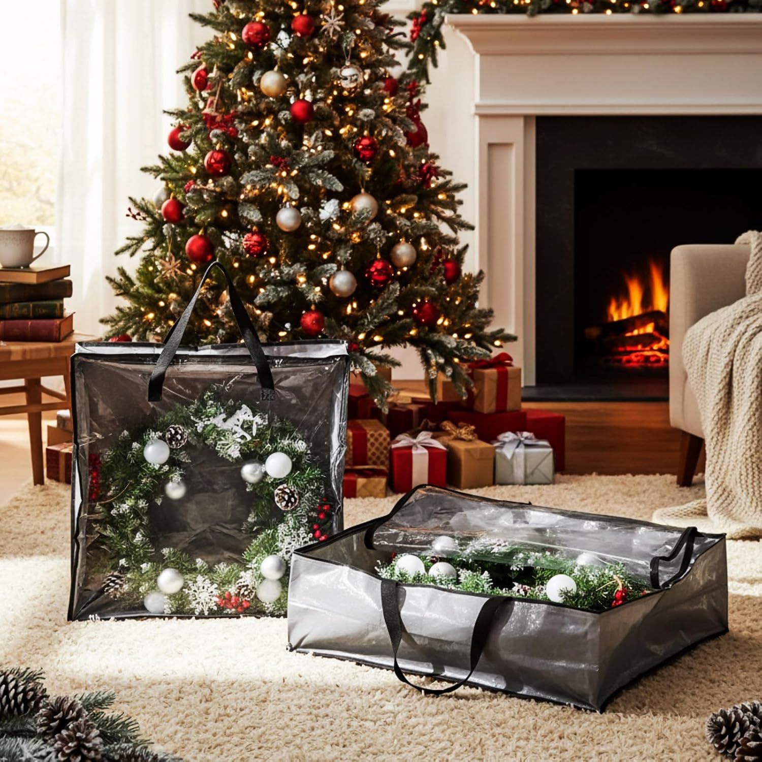 6 Pcs Christmas Wreath Storage Container 26 x 26 x 8.7 Inch Bags, Gray image 4