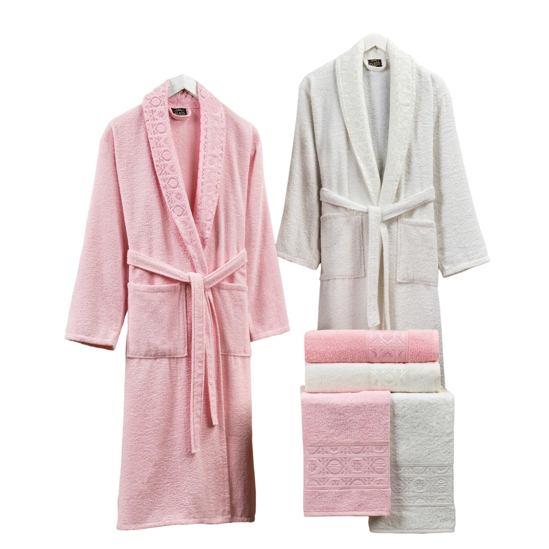 6-Piece Turkish Terry Cotton Jacquard Family Bathrobe Set 420 GSM Couple Bathrobes Bridal Shower Gift Set with Matching Bath Towels and Hand Towels in Attractive Gift Box