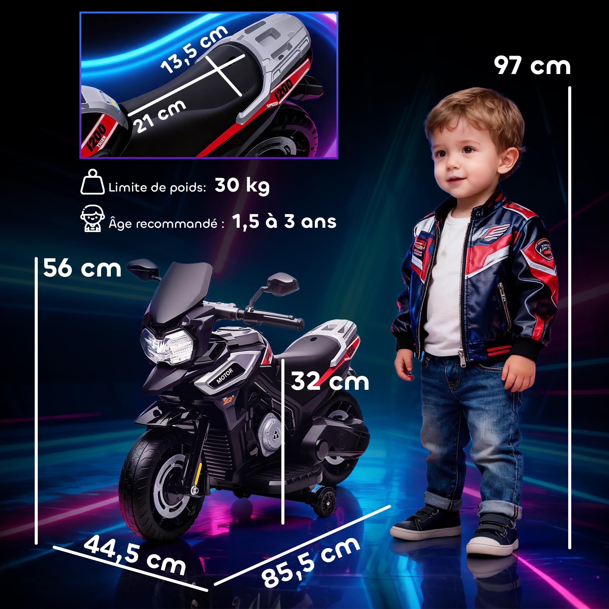AIYAPLAY Moto Électrique Enfants 6 V Roues d'Entraînement 18-36 Mois Noir