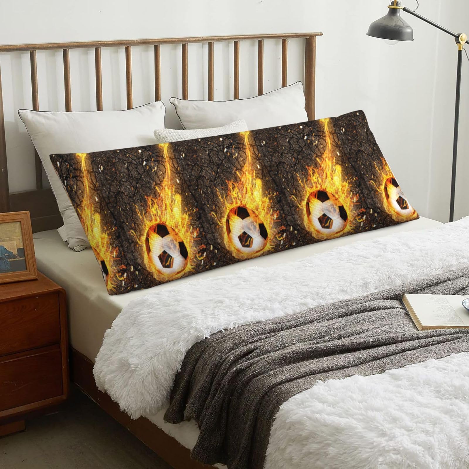 Soccer Ball In Burning Fire Flames, Body Pillow Cover with Zipper,Long Body Pillowcase 20 x 60 in