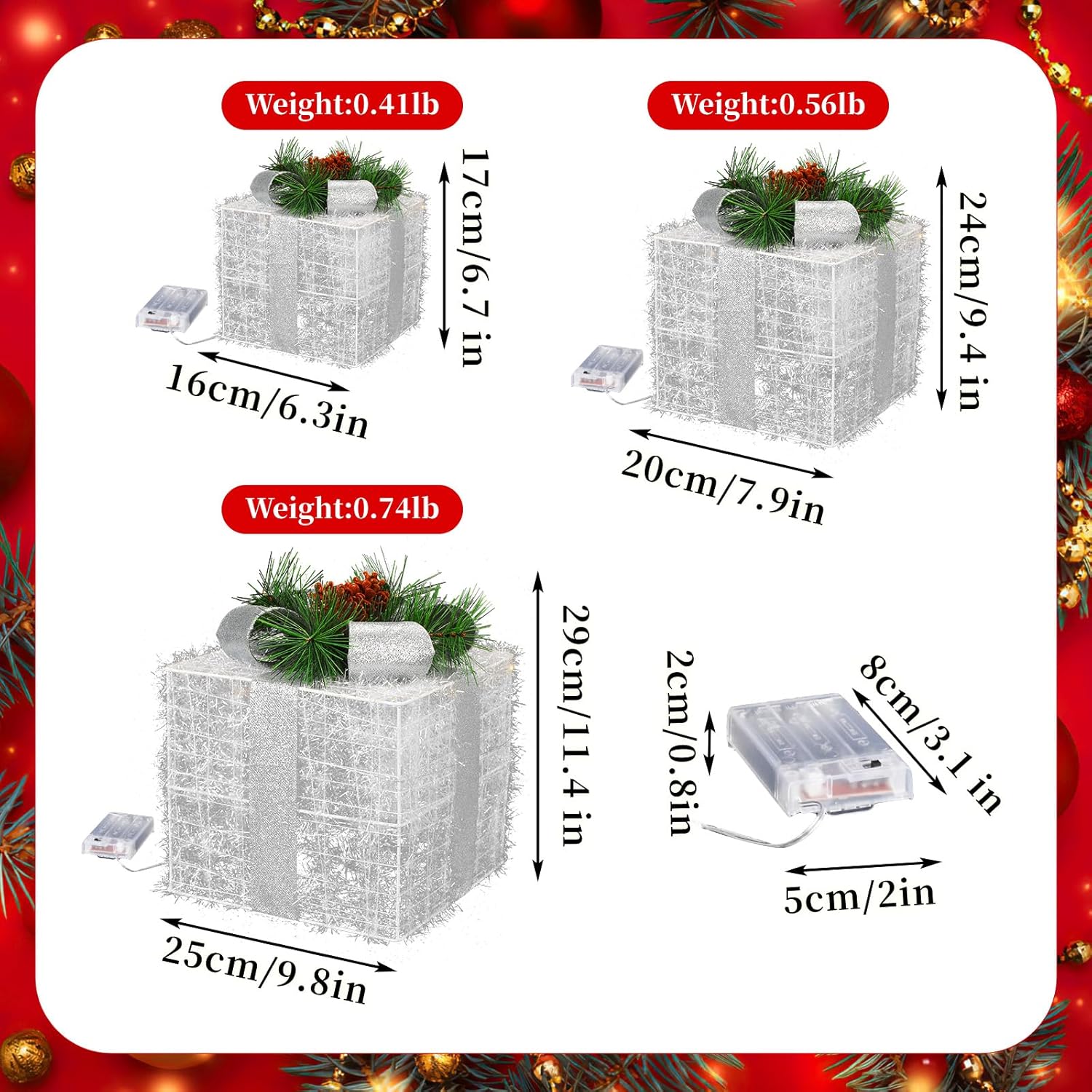 3PCS Christmas Lighted Gift Boxes LED White Fake Presents Christmas Decoration Xmas Decor for Outdoor Indoor Yard Party Holiday Home