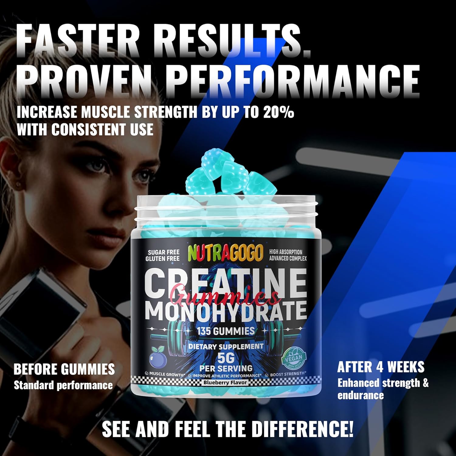 NSF Certified Creatine Gummy - Creatine Monohydrate Gummies for Men & Women-5g of Creatine Monohydrate per Serving - Sugar Free,Vegan, Blueberry Electrolyte Chews, 135 Count - Image 6
