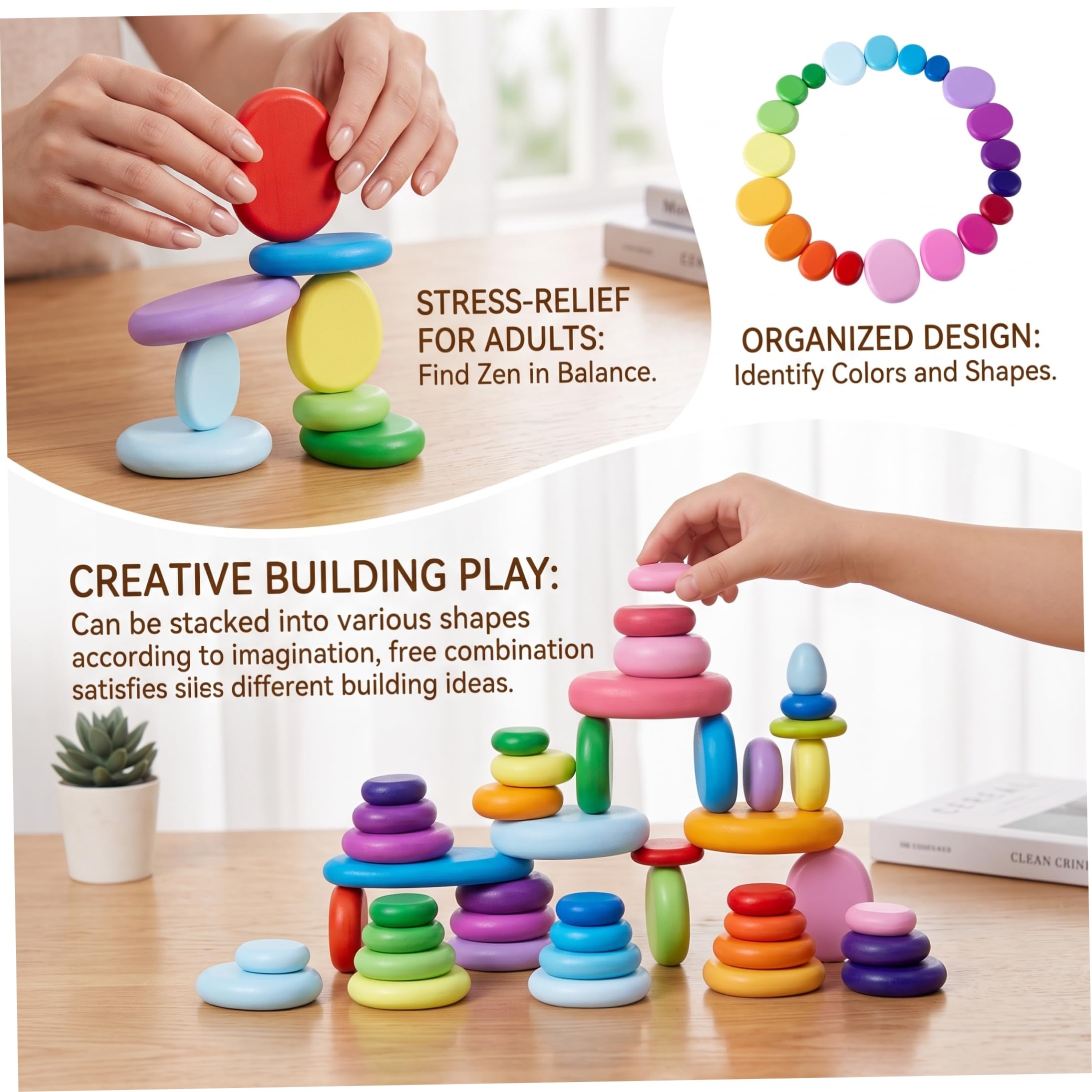 Juguetes apilables para niños pequeños de 1 a 3 años, Bloques de Madera para niños pequeños de 1 a 3 años – Juego Creativo de Piedras apilables de Madera de arcoíris