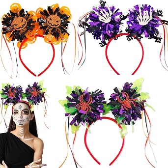 3PCS Halloween Pumpkin Spider Ghost Skull Headband Fluffy Ball Foil Strips Pom Pom Hair Loop Glitter Tinsel Head Bopper Halloween Trick or Treating Party Cosplay Hair Accessories 01