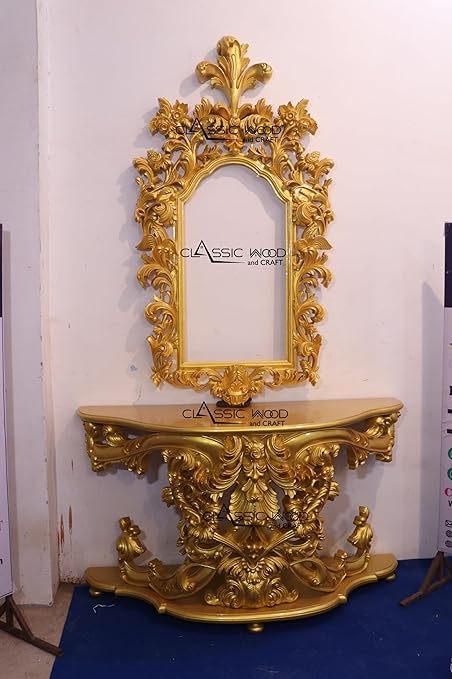 Classic Wood and Craft Wooden Dressing Table in Teak Wood, Golden Polish | Solid Wood Dresser organisor | Bedroom Dressing Table.