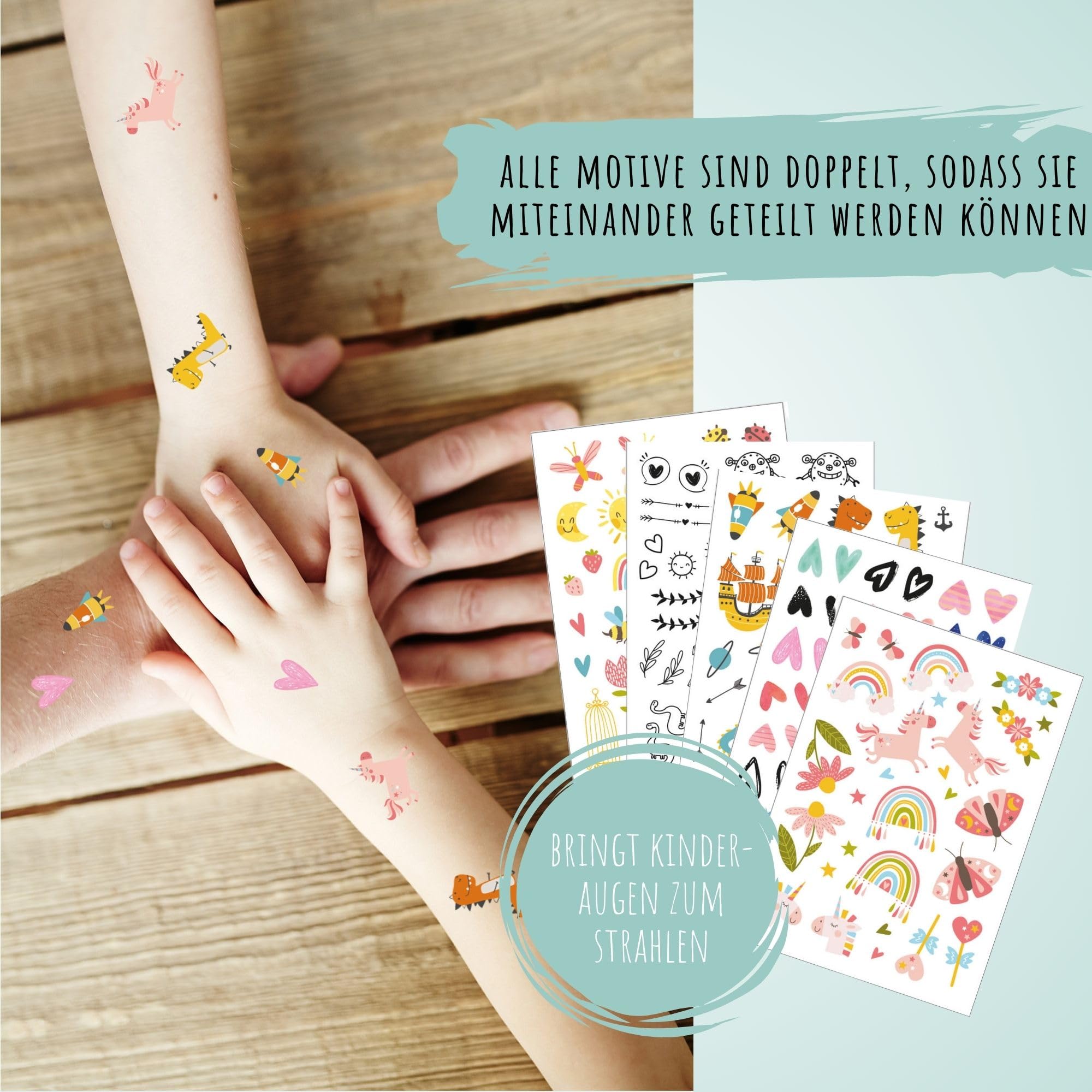 Hautfreundliche Kindertattoos zum Aufkleben - Motiv DU & ICH, Freundschaftstattoos, Kinder-Tattoo Set mit 5 Bögen, Tattoos Kinder, 100% Vegan und Hergestellt in Österreich, JEKA - 5