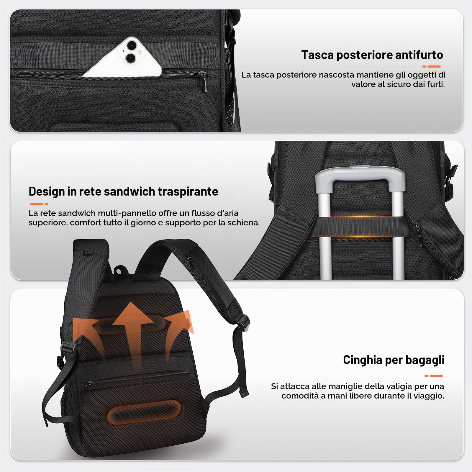 Zaino Viaggio Espandibile 50L Uomo Donna, Zaino Porta PC 17,3 Pollici | Zaino Cabina Aereo con Porta USB, per Business, Università e Weekend, Nero