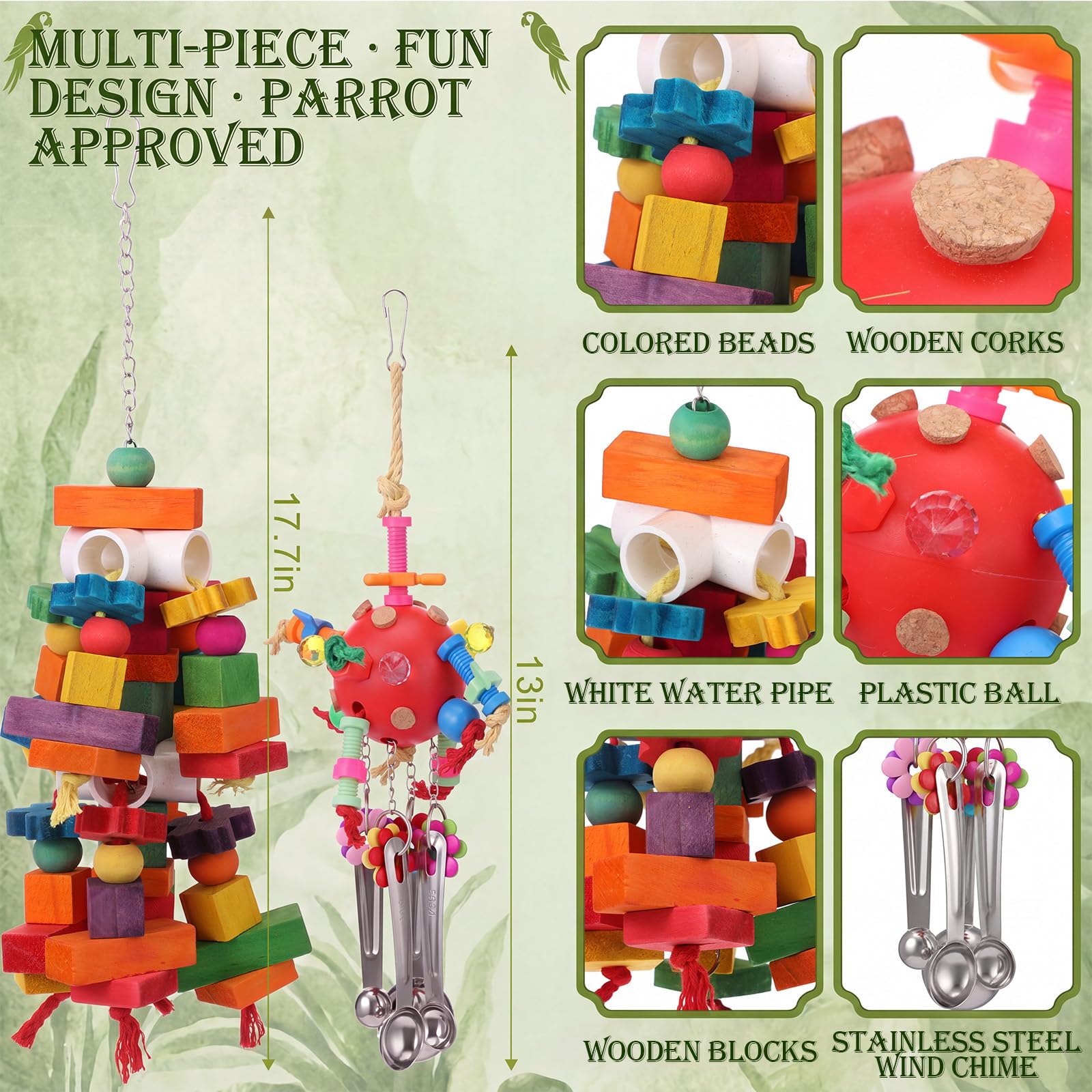 Soulchen 6 Stück extra großes Vogel-Papageienspielzeug-Set aus natürlichem Holz, Rattan-Ball, Holznuss, Luffa-Schnur (Beutel) für große Aras, afrikanisches Grau, Amazonas-Papageien (Naturholz)