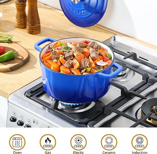 Miniatura 6 de Velaze Olla de horno holandés esmaltado de 6 cuartos de galón con tapa, horno holandés de hierro fundido con asas dobles para hornear pan de masa