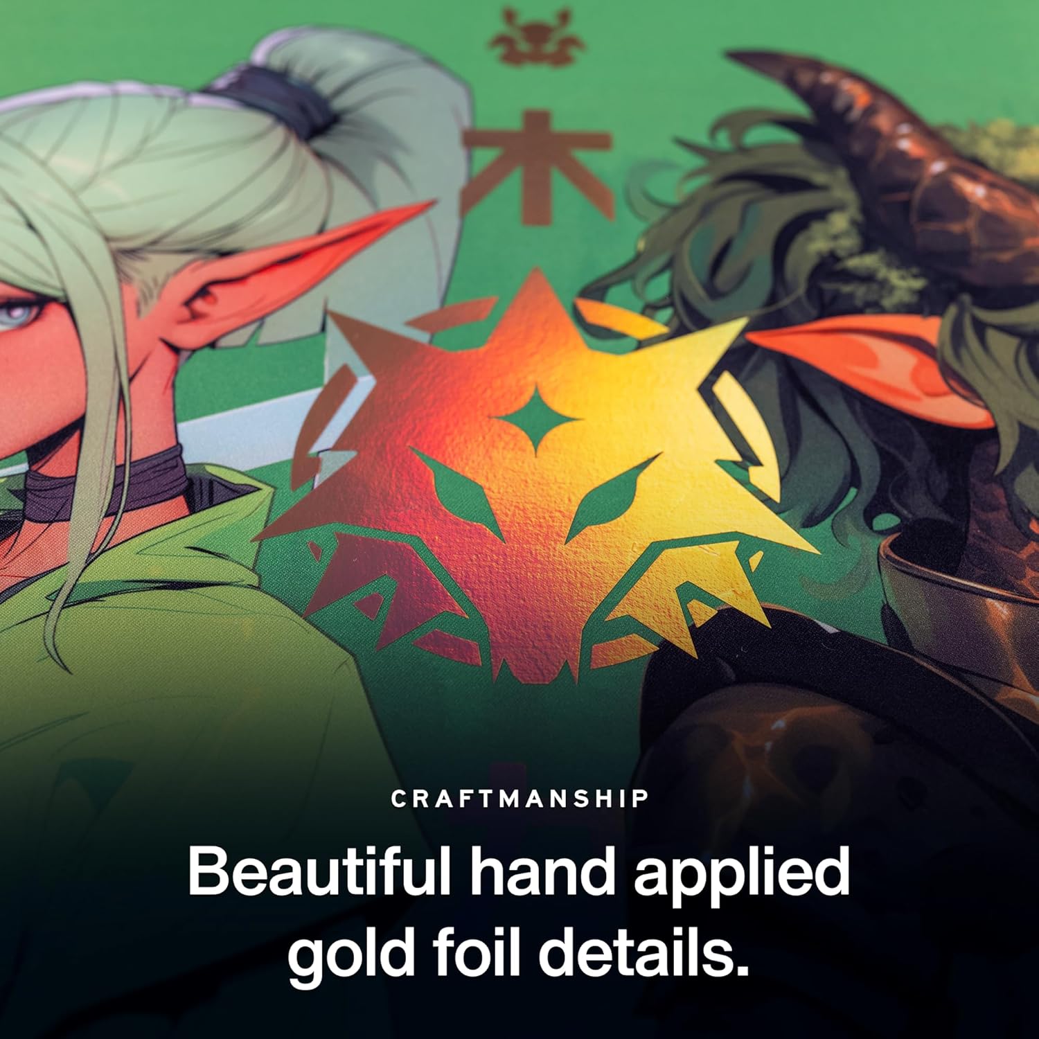 Alfies! Gold Foil Accents Playmat | Clan Steel Leaf | Elf Clan | Perfect Trading Card Gift | Futuristic Custom Shape | Compatible with Magic | MTG Playmat