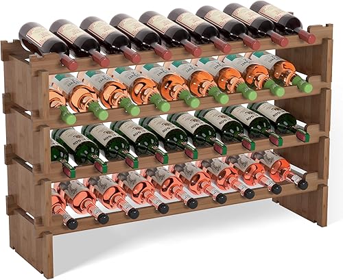 Domax Estante de vino independiente para 36 botellas, soporte de almacenamiento de madera apilable de 4 niveles, 33.5 pulgadas de ancho (nogal)
