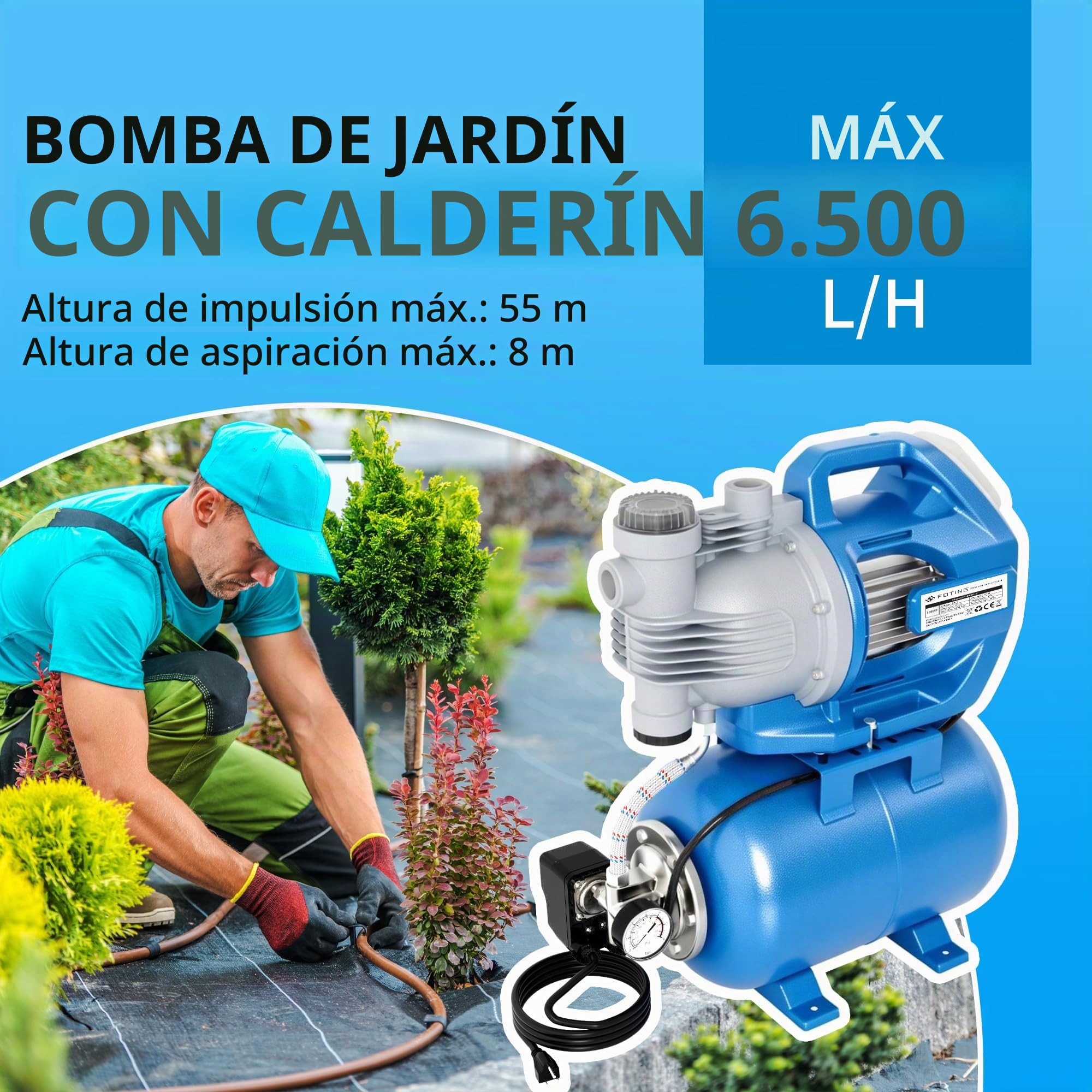 FOTING Grupo de presión - Equipo con depósito 24 L, manómetro y prefiltro, Interruptor de Seguridad (1300 W, caudal 6500 l/h, presión 5,3 Bar, Altura máx. 55 m, aspiración 8 m)