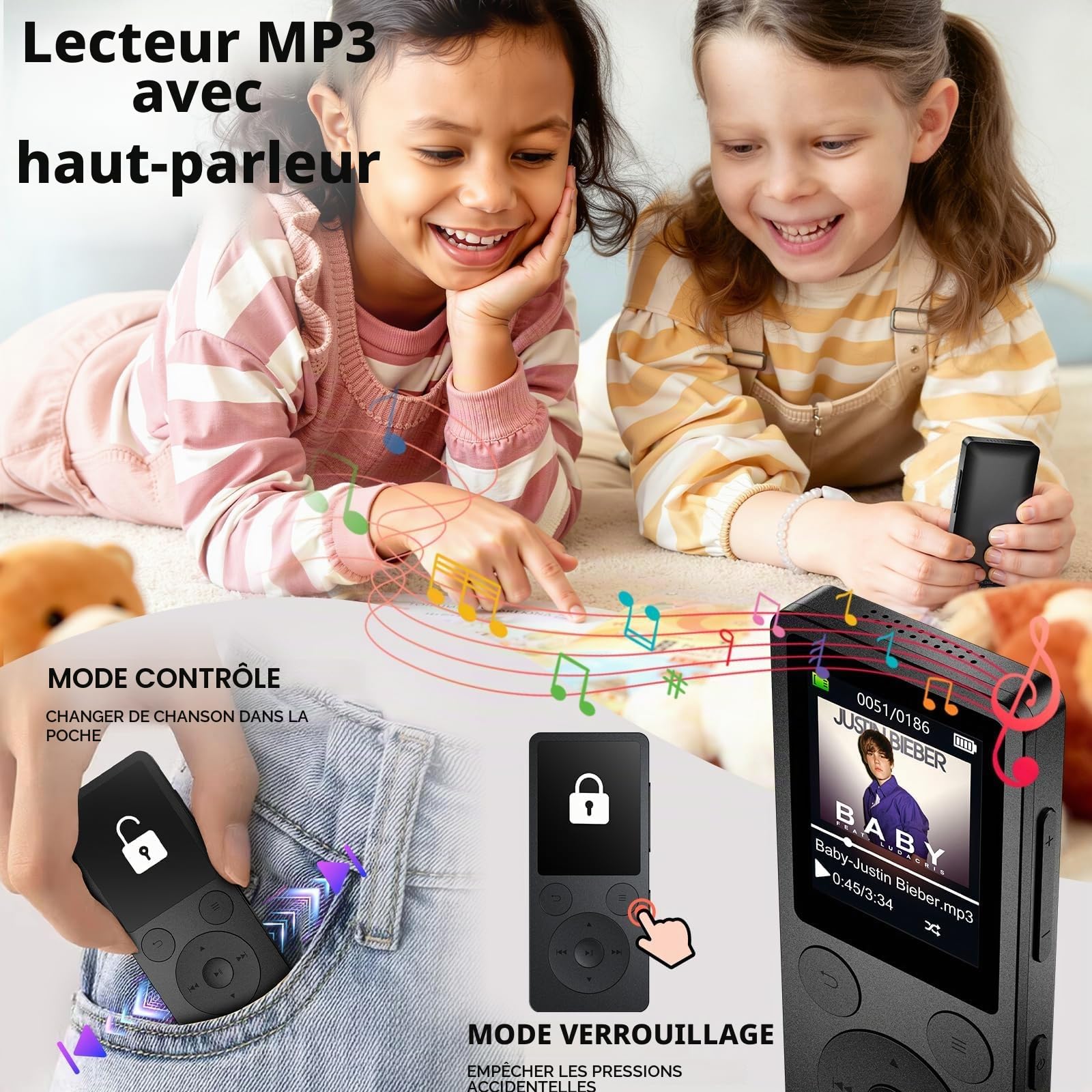 64Go Lecteur MP3 Bluetooth 5.3 – MP4 Haut-Parleur Intégré, Baladeur MP3 avec Touches Physiques (Retour/Menu/Volume), Léger 37g. Radio FM, Enregistreur Vocal, Design Mini, Son HiFi, Jusqu‘à 128Go