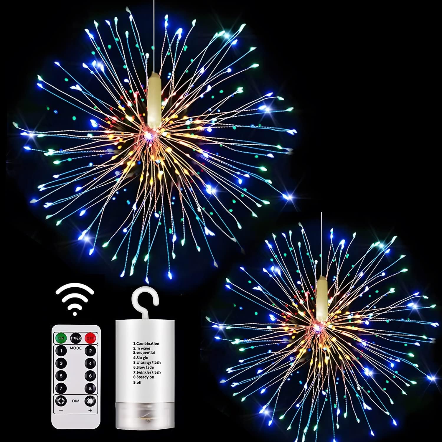 LIGHTNUM 2 Pack Firework Lights LED Battery Operated Starburst Lights Outdoor Copper Wire 8 Mode Dimmable Lights with Romote Control Starburst Christmas Lights for Home, Patio, Indoor (Multicolor)