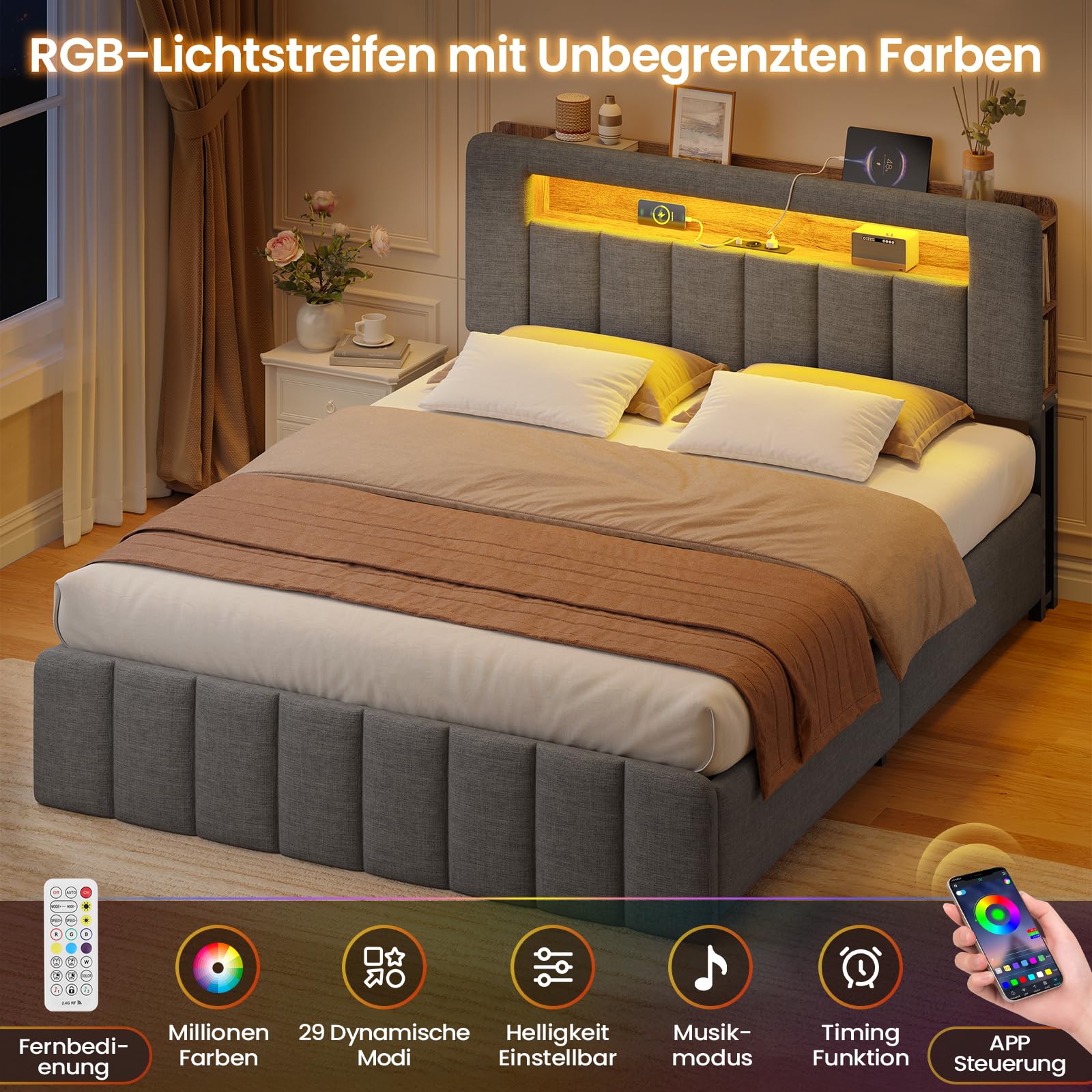 AGOLLATI Letto Matrimoniale con Contenitore 140x200 Struttura Letto matrimoniale con LED e Stazione di Ricarica, Letto Contenitore Idraulico Struttura Letto Imbottito con Testiera Lino Grigio Scuro