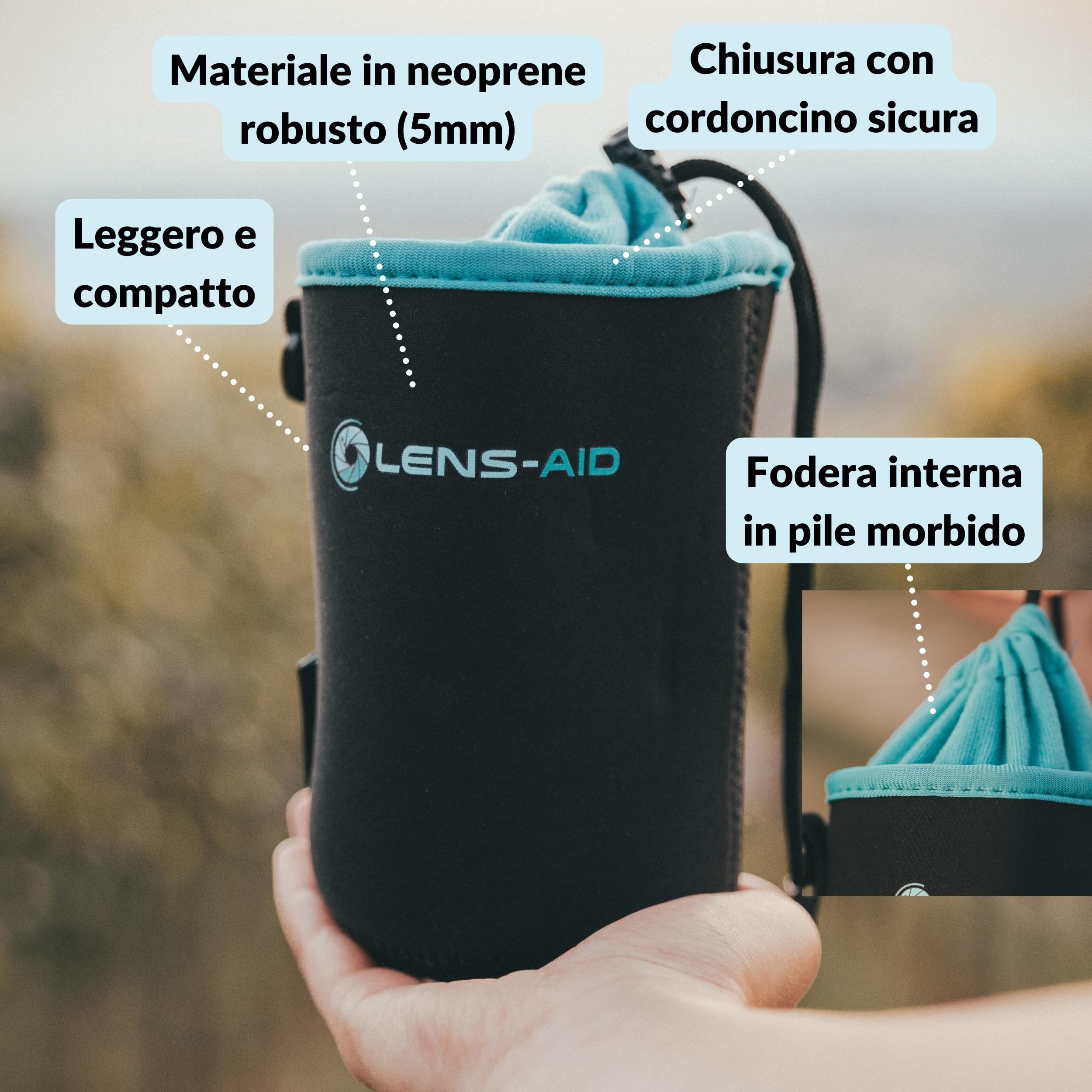 LENS-AID Custodia Obiettivo Neoprene con Fodera in Pile – Protezione Antiurto per Obiettivi della Fotocamera, Flash e Accessori Fotografici, Nero/Blu, L, Moderno