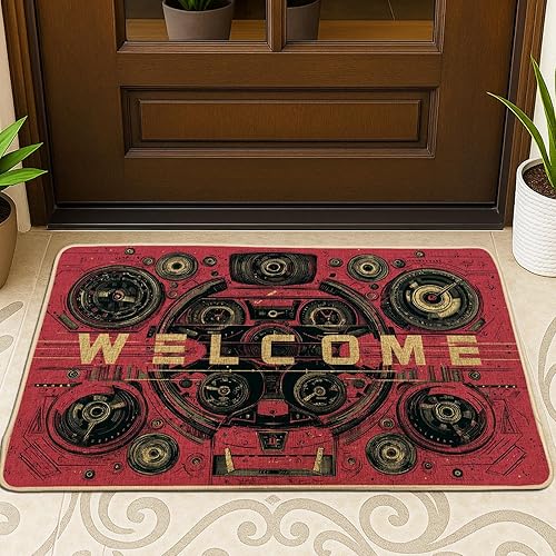 Tapete de bienvenida vintage Boombox, tapete retro rojo para entrada al aire libre e interior, decoración de música, antideslizante, resistente al