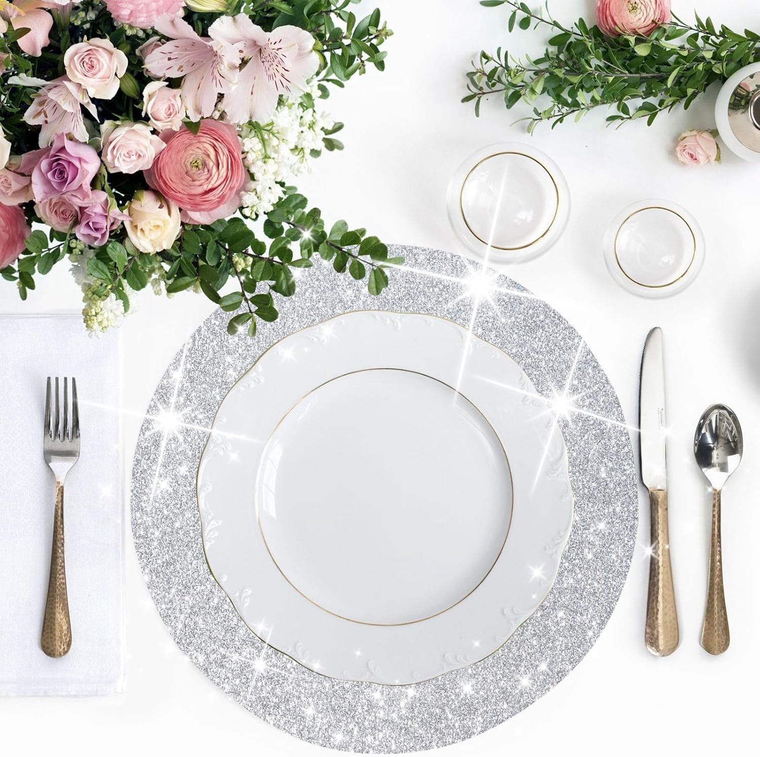 Round Placemats Silver Placemats Silver Glitter Sparkle Place Mat Set of 8 Table Mats 15.4 inch for Kitchen Dining Table Holiday Party