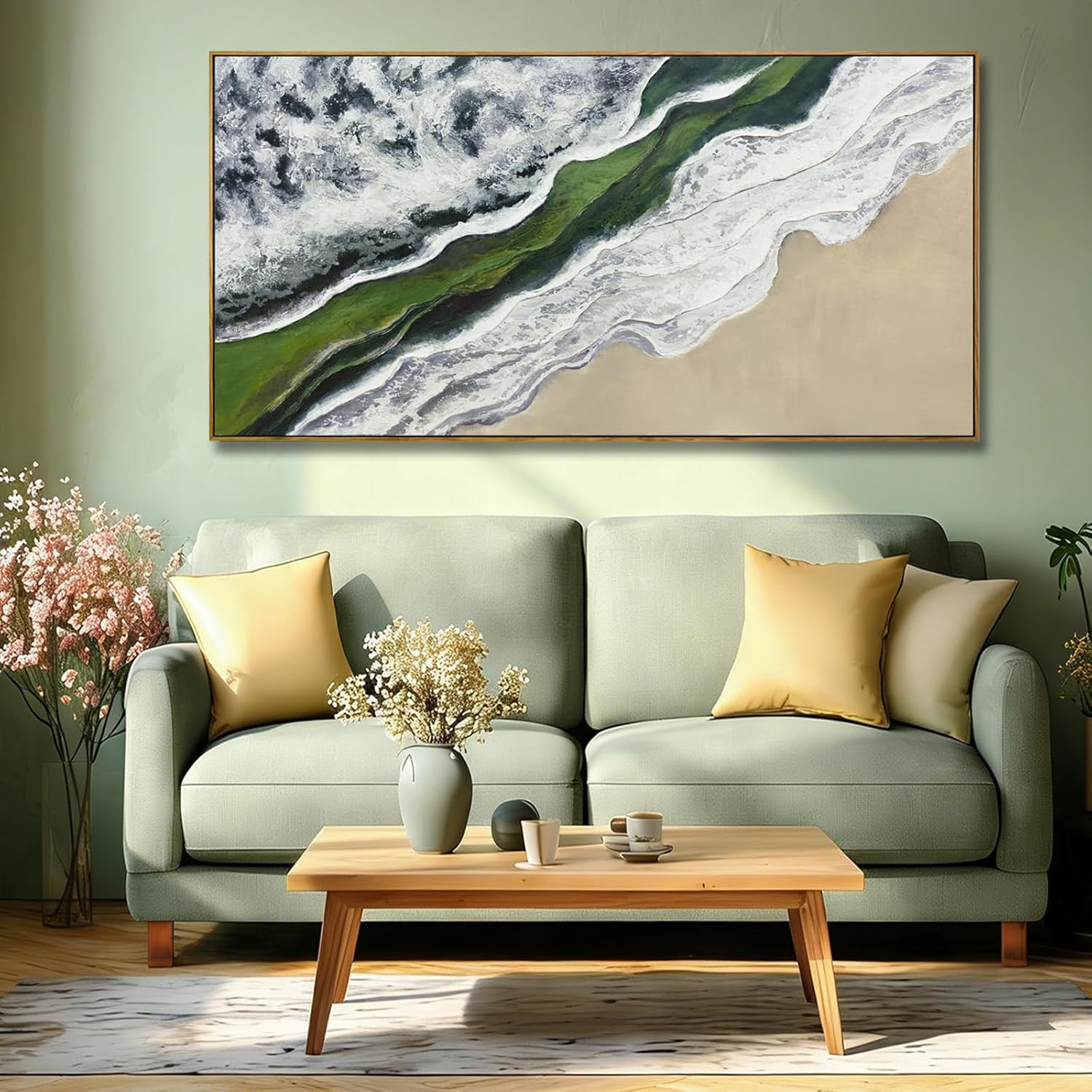 Sage Green Wall Art Abstract White Green Beach Wave Wall Decor Framed Canvas Prints Posters Pictures Artwork 24"x48" Ready to Hang