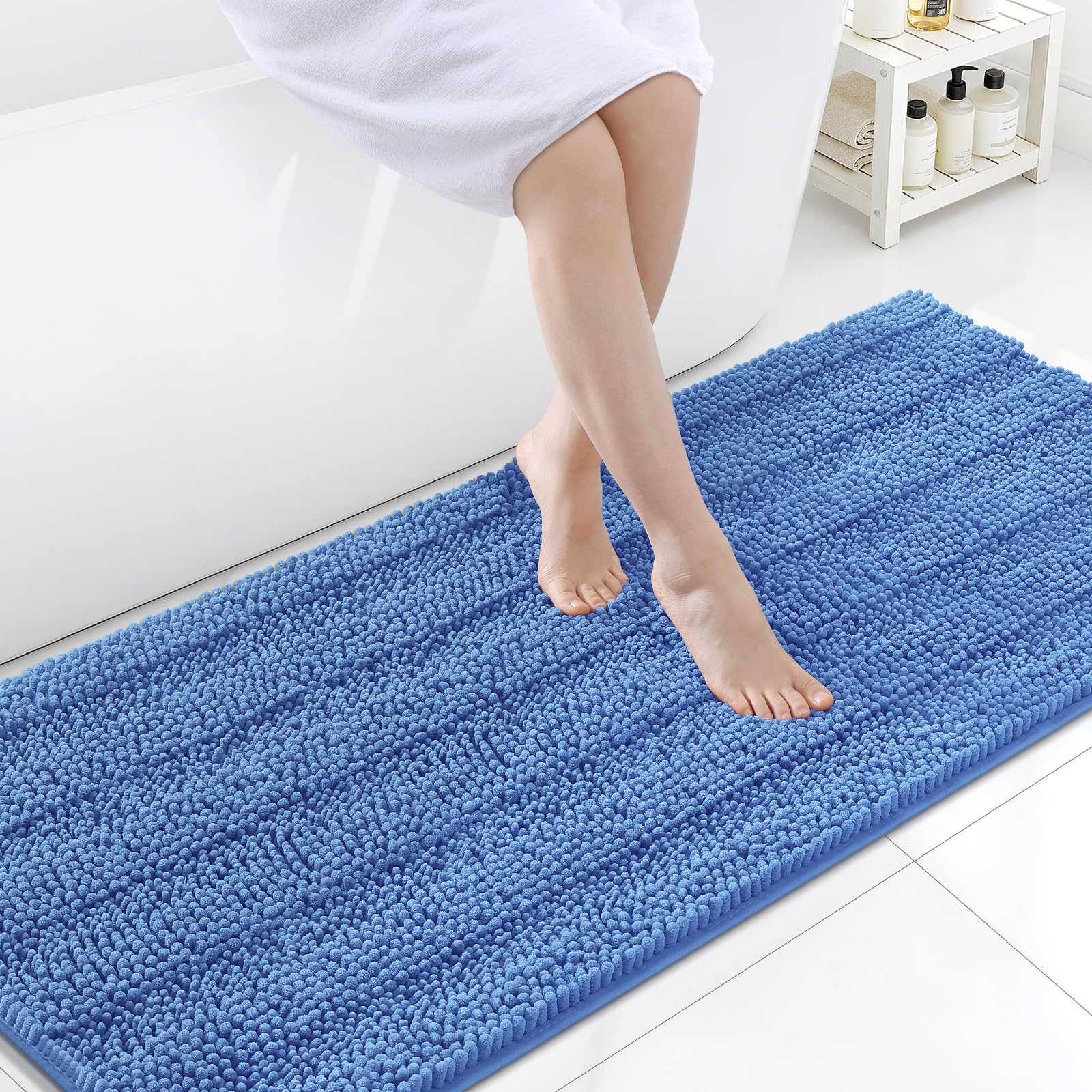 Grandaily Chenille Bathroom Rugs 70x24, Soft Bath Mats, Cornflower Blue