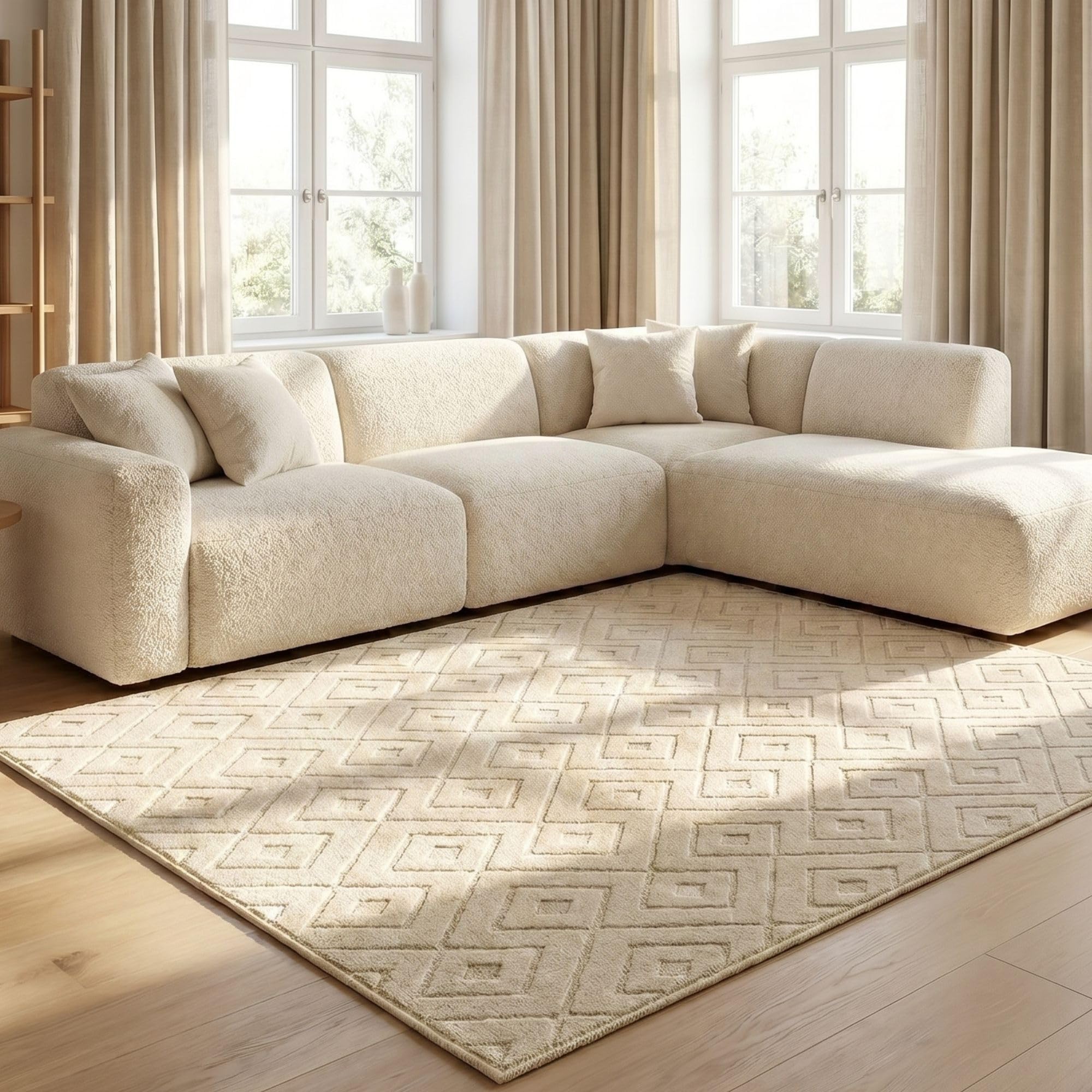 Aspire Homeware Rugs Living Room 120 x 170 cm – 100% Polyester Machine Washable Beige Rugs For Bedroom Large Anti Slip Bedside Carpet, Modern Hollow Square High Low Pile Rug For Kids Room Non Shedding — image 1