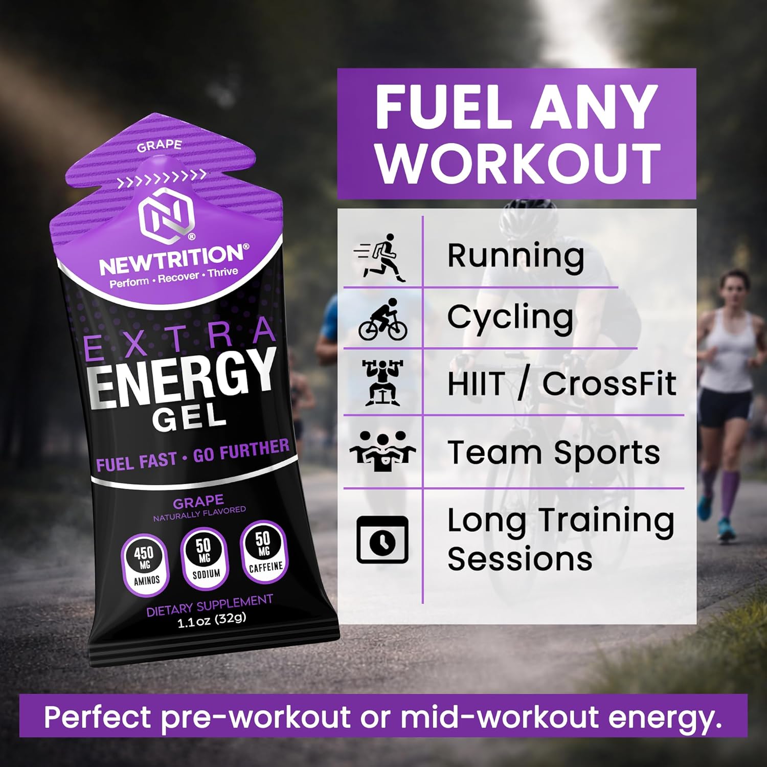 NewTrition® Extra Energy Gel Variety Pack - Fast Fuel with 50mg Caffeine, Amino Support, Smooth Texture, Electrolytes - Easy Digestion Running Gel for Cycling & Running