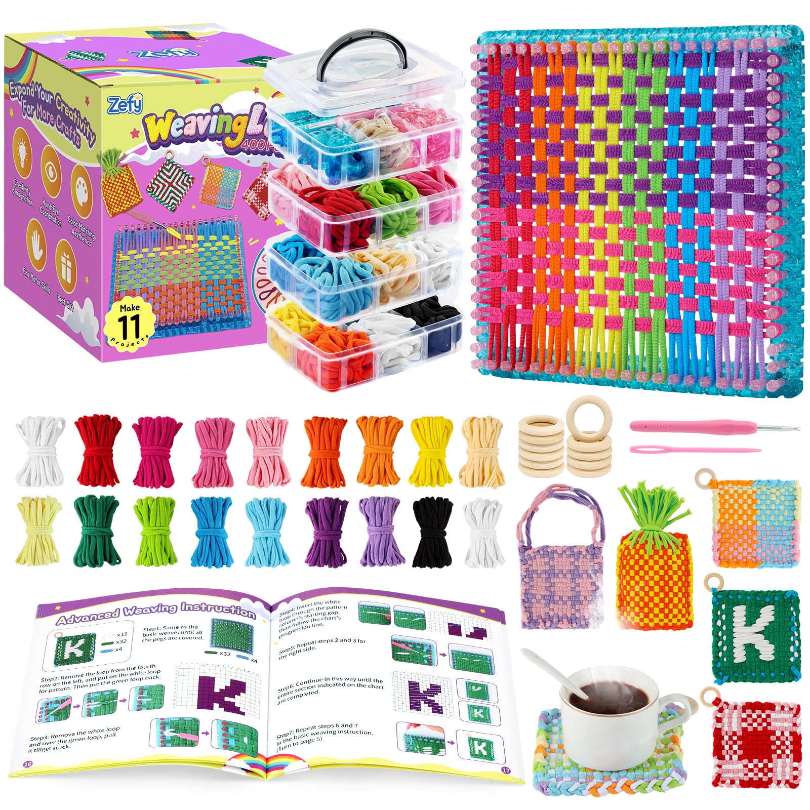 Zefy 400 Pcs Weaving Loom Kit Toys 17 Colors Loom Loops with Wooden Rings
