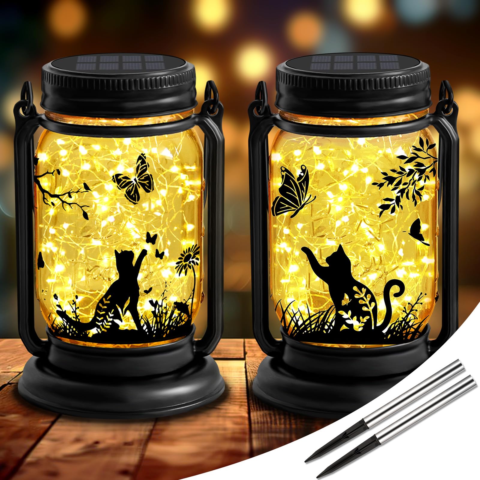 2 Pcs Katzen Solarlaterne Außen Gartendekor, 3-in-1 Katze Maurer Glas hängende Laternen mit Stake, Geschenke für Katzenliebhabe Mutter Weihnachten, Freien Wasserdicht Lichter für Patio Yard Balkon