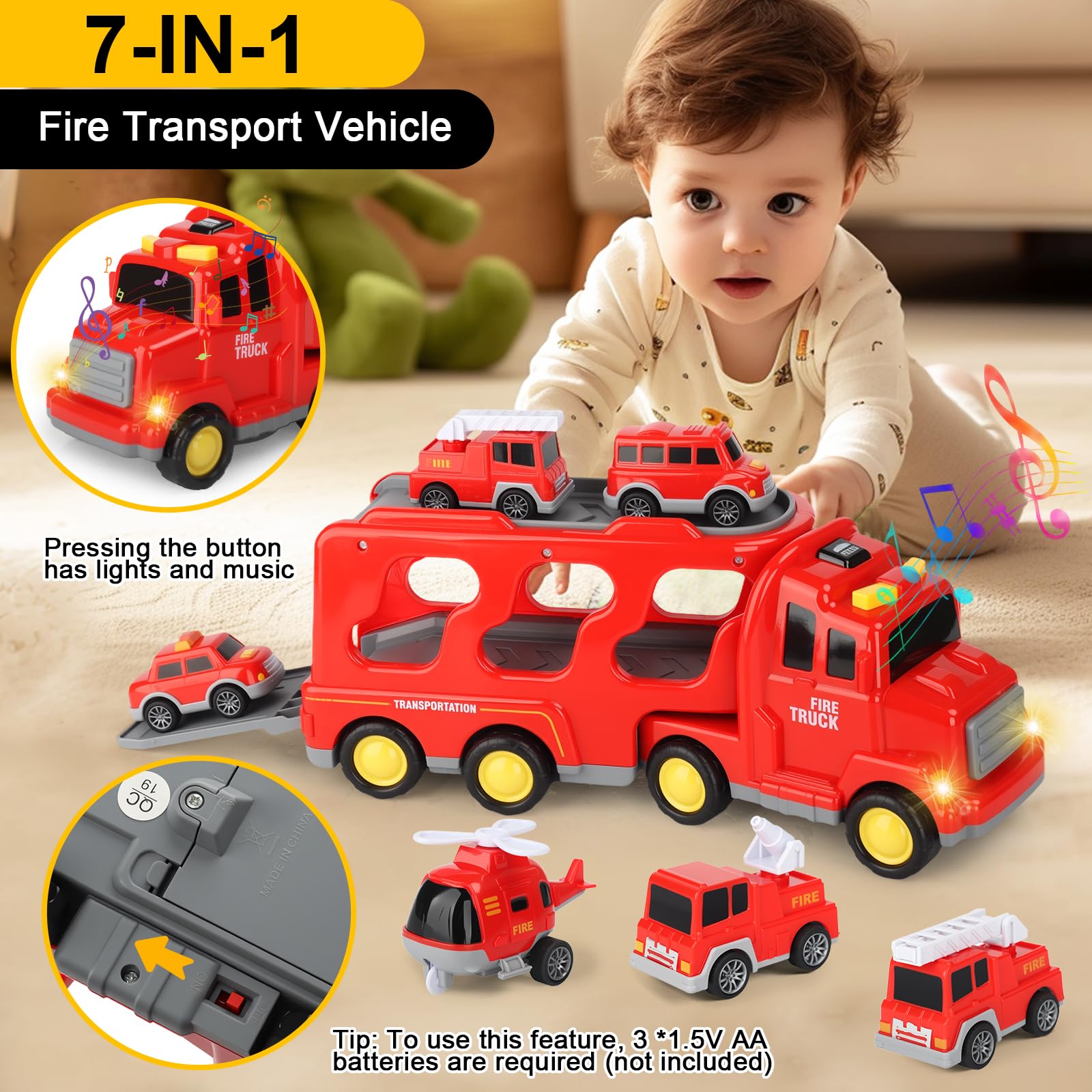 Camion Bomberos Juguete,7 en 1 Camiones de Juguete para Niños de 2-6 Años,Camion Transportador de Coches con Luces y Sonidos,Coche de Juguete de Fricción con 2 Pegatinas,Regalo para Niños