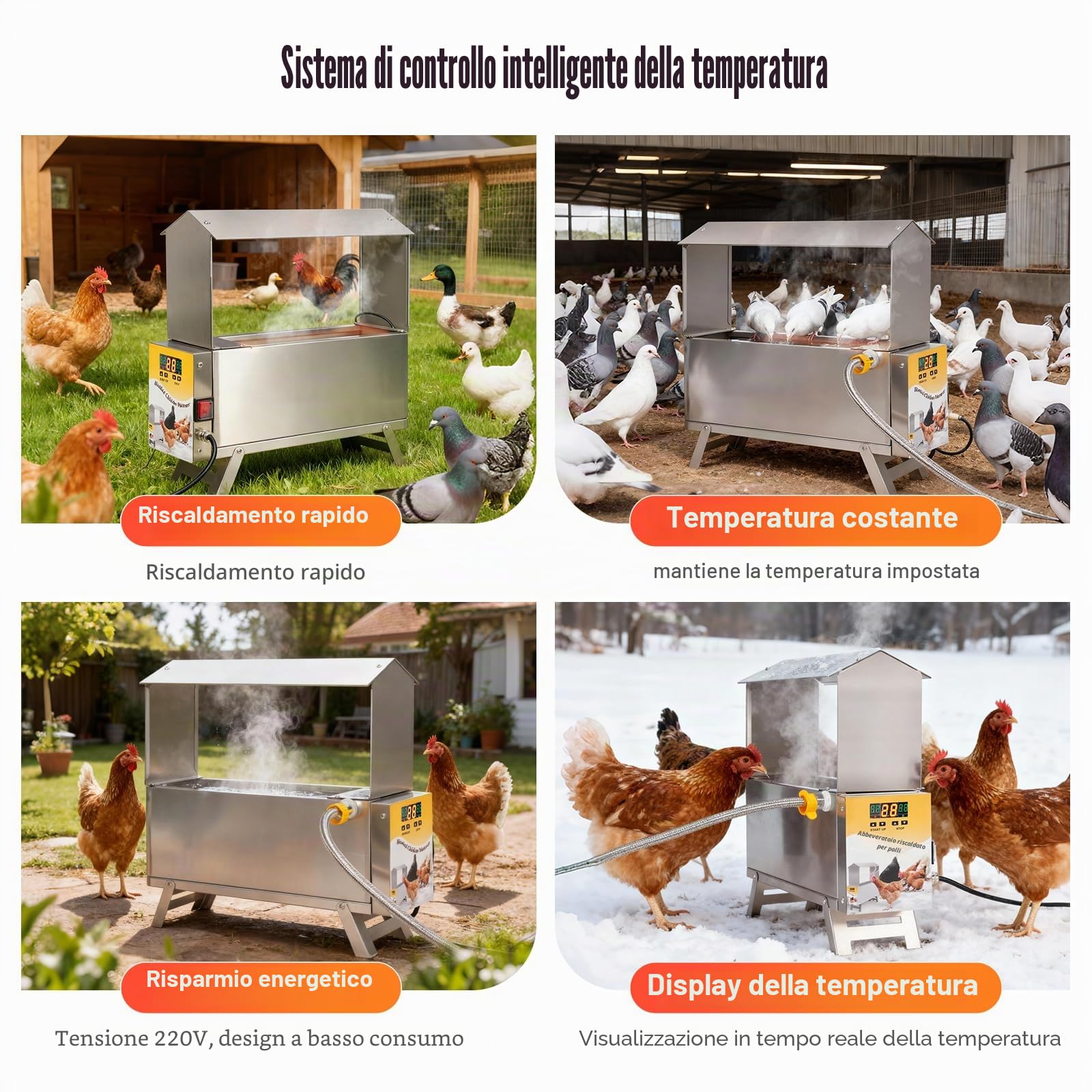 Abbeveratoio riscaldato per polli, in acciaio inossidabile da 9 litri, abbeveratoio per polli per l'inverno, abbeveratoio automatico per pollame, scaldino per abbeveratoi per anatre