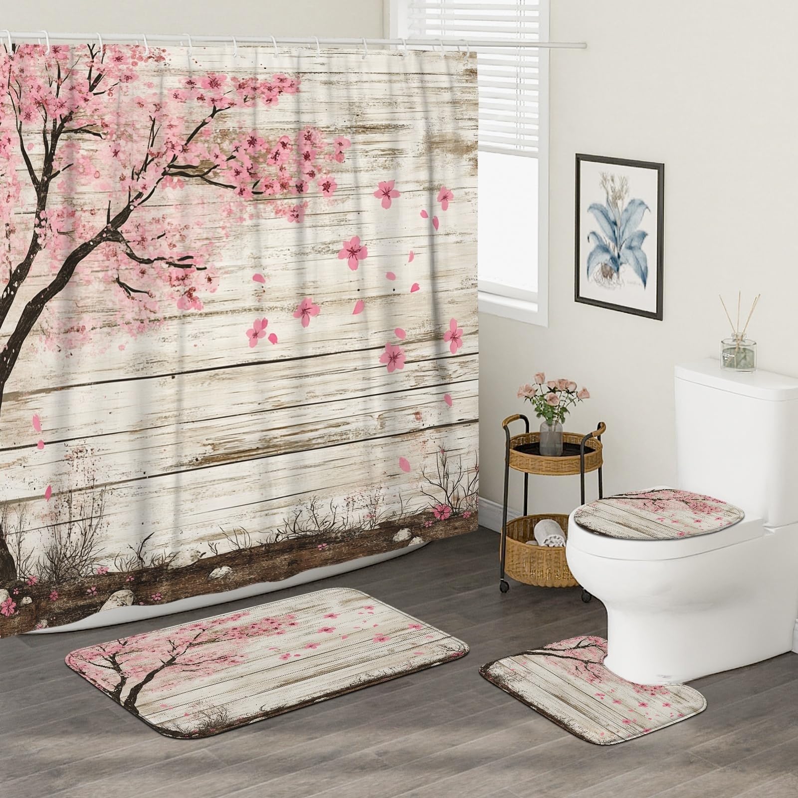 4 cortinas de ducha rústicas de cerezo en flor de primavera de 72 x 72 pulgadas con ganchos, juego de baño con alfombra de baño, cubierta de tapa de inodoro en forma de U, decoración de tela de baño