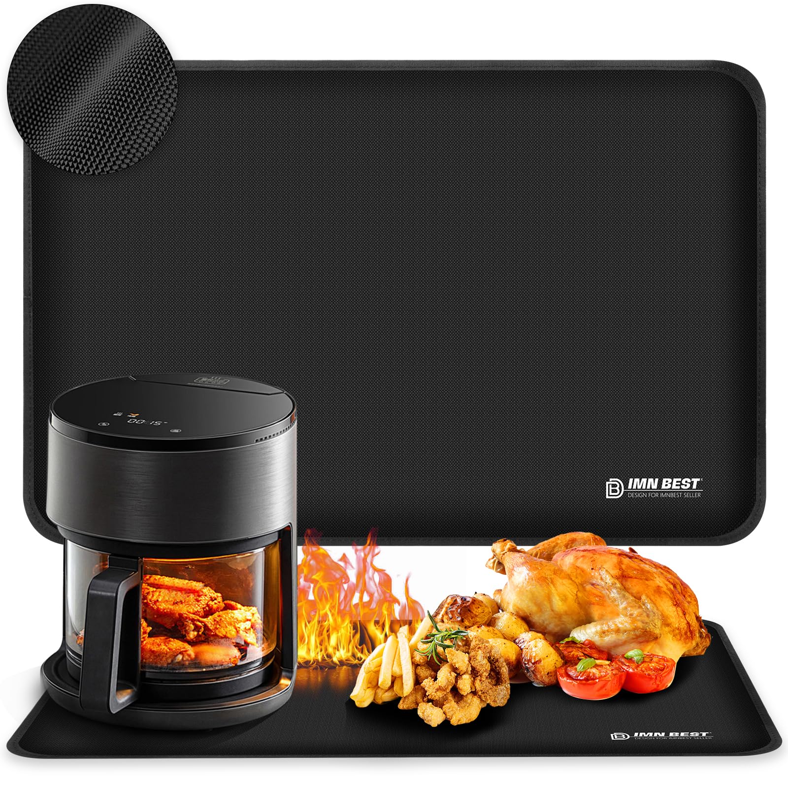 Heat-resistant mat, heat-resistant, for air fryer, fireproof silicone mats for worktops, worktop protection, non-slip and waterproof (black, 12 x 12 inches)