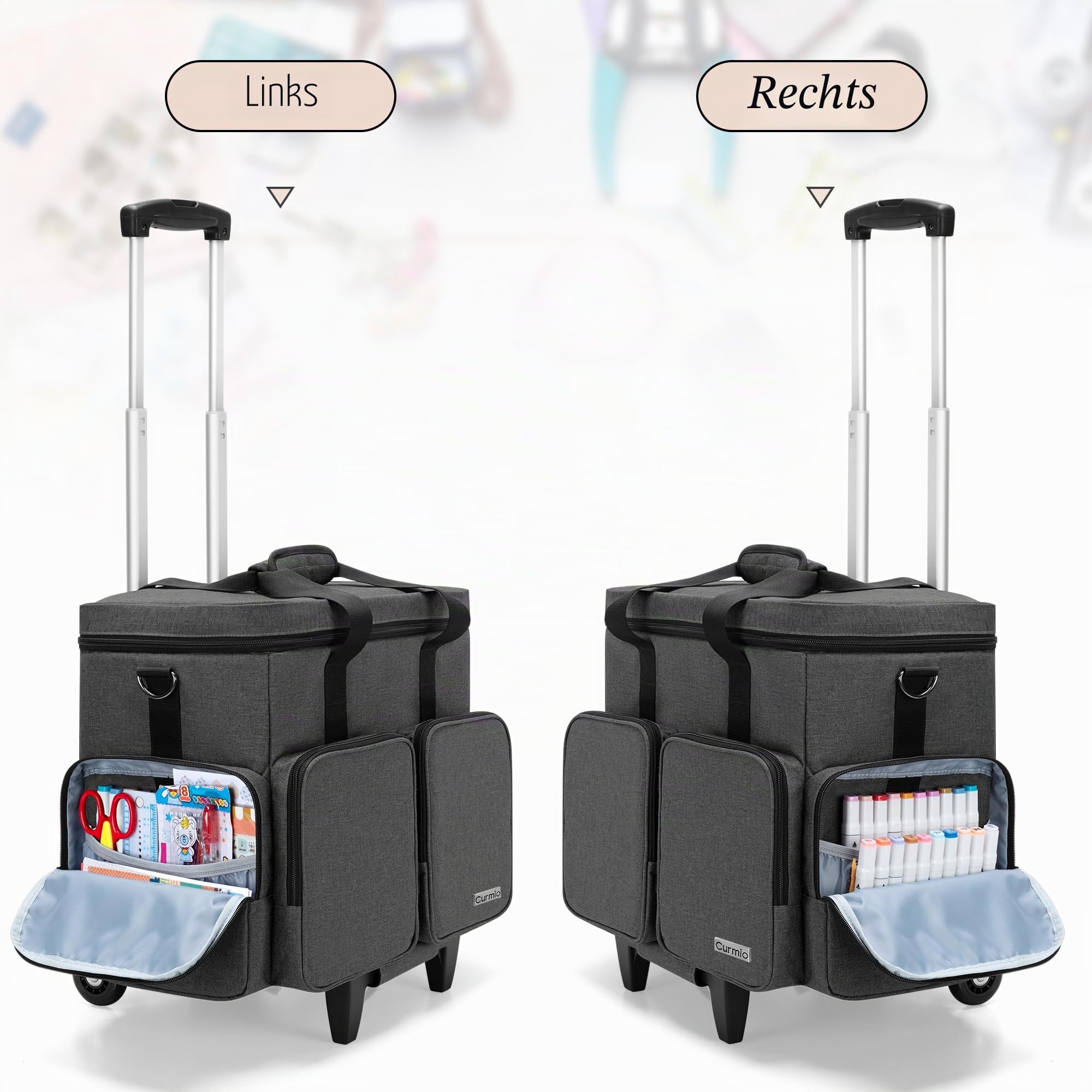 CURMIO Scrapbook Rolling Totes, Scrapbooking Aufbewahrungstasche mit Abnehmbarem Trolley, Handarbeitstasche für Scrapbooking-Zubehör und Bastel, Schwarz