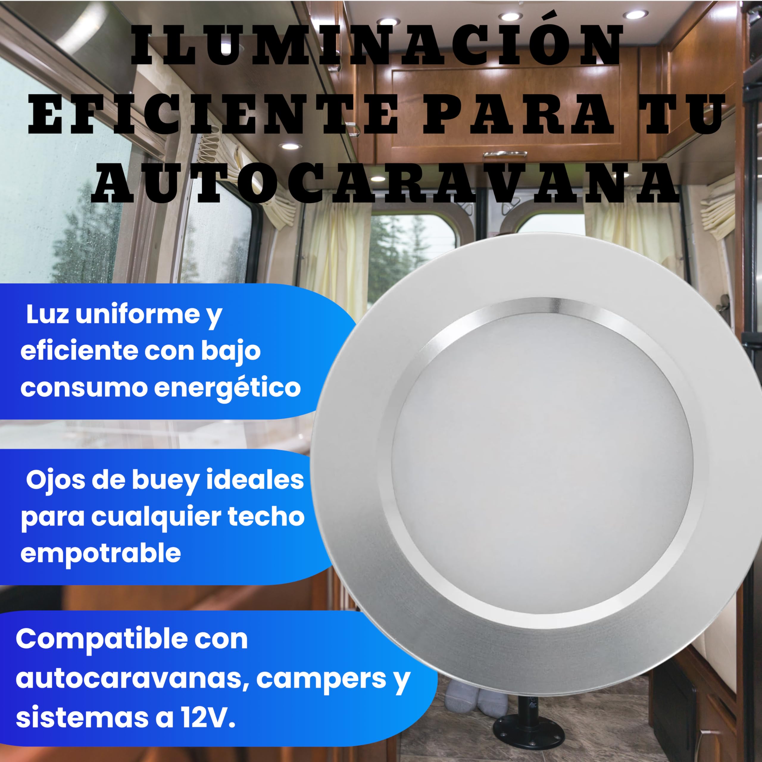 Valdi Led Pack 4 Placas Led A 12v 3w 3000k - marco blanco Autocaravana, Ojos De Buey Led Para Techo, Foco Led Interior, Led Techo, Panel Led, Empotrar Para Caravana, Camper, Instalaciones A 12v