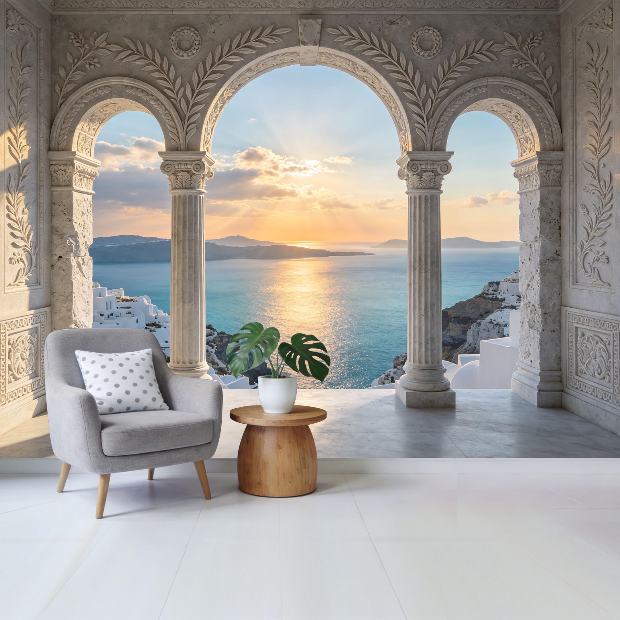 Removable Self Adhesive Fabric Mural， 3D Mediterranean Coastal Architecture Custom Size Wall Covering， UV Protected Waterproof Washable Wall Decor for Living Room Bedroom Bathroom