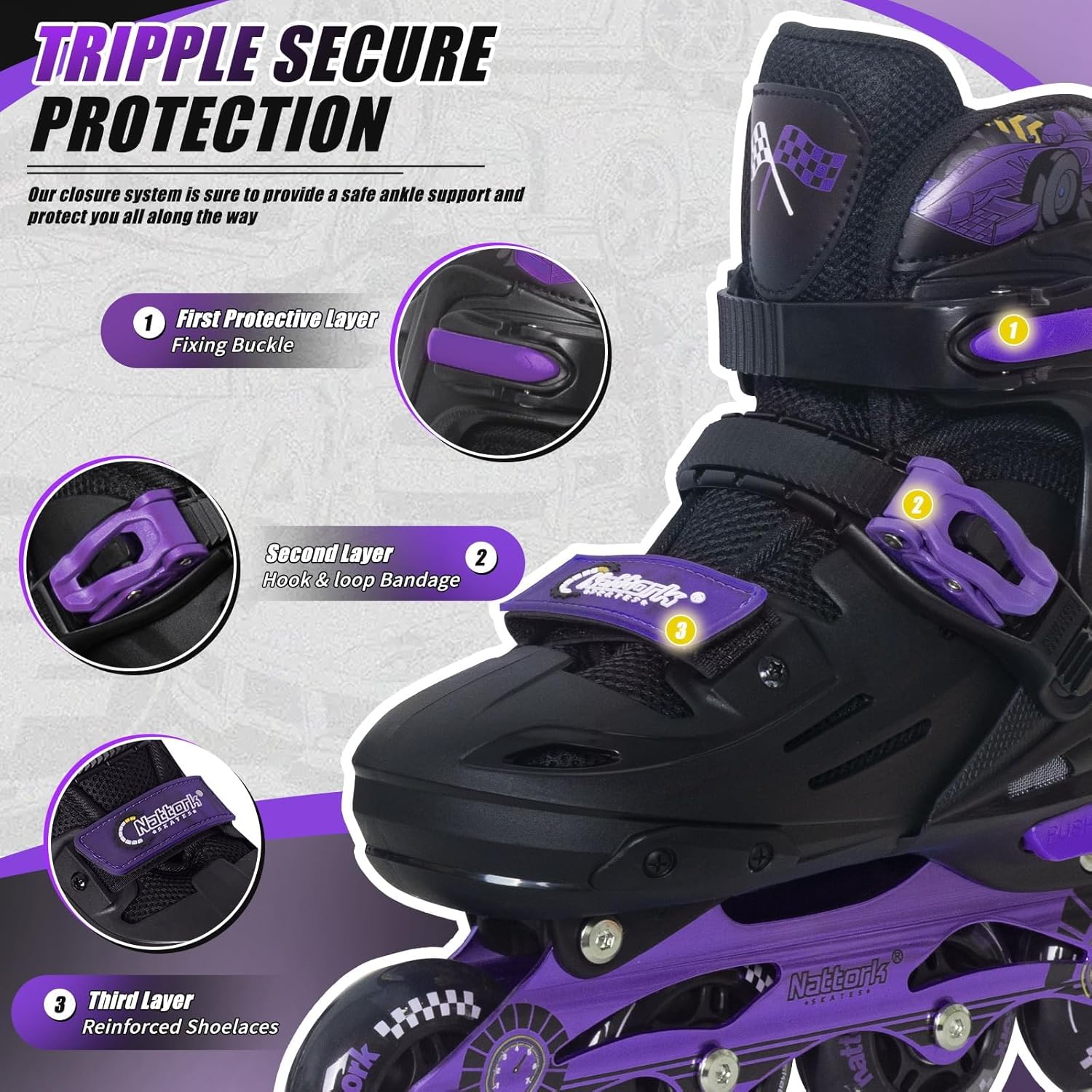 Nattork Kids Inline Skates Adjustable Light up Wheels Blades Roller for Boys Girls- TeenYouth Age 6-12 - Cool Racing Car Decorations Indoor Outdoor Birthday Gift for Son and Grandson