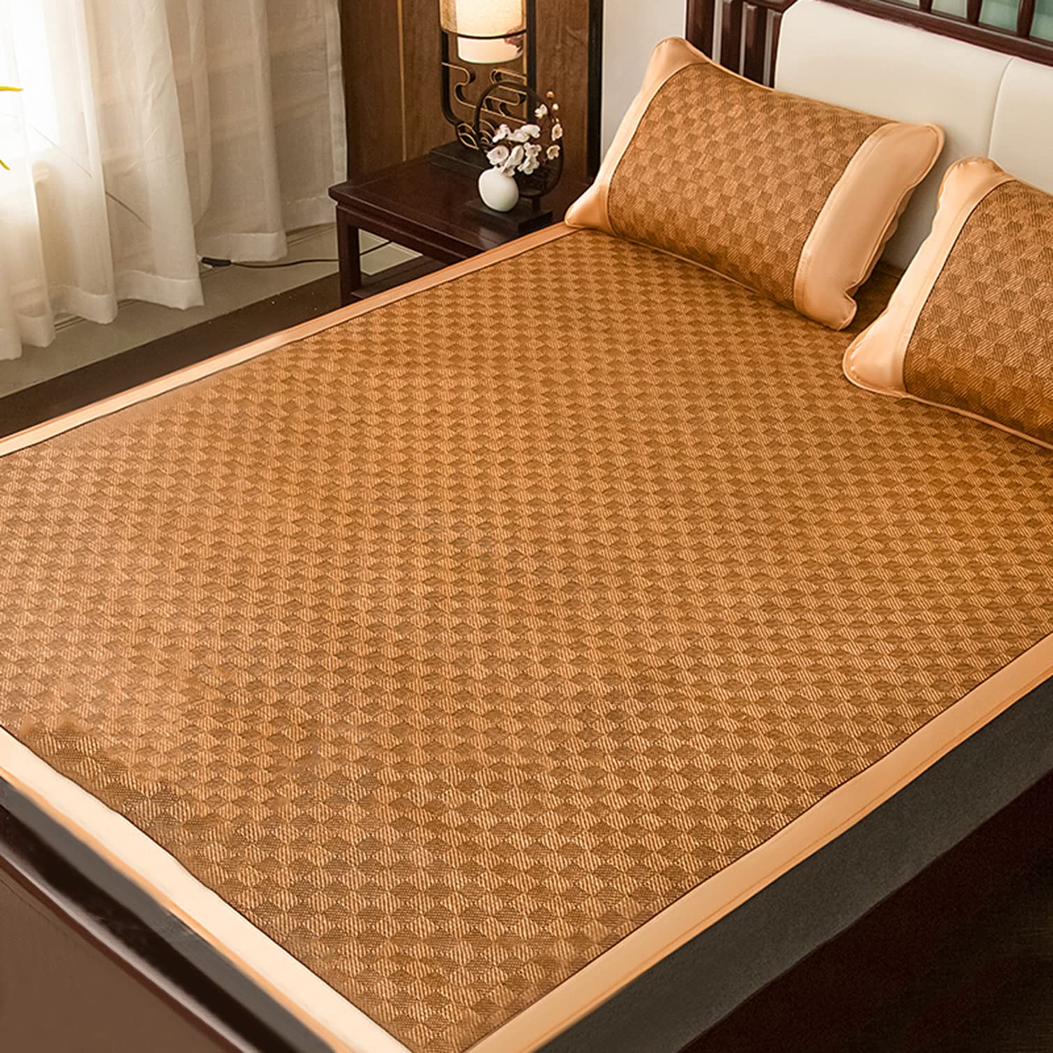 NIANXINN Foldabl Summer Sleeping Pad Cooling Natural Rattan Mat Mattress Topper & Pillow Shams Set,Smooth Breathable Bedding,for Home Bedroom Single Double Cool Bed-mat (C,180x200cm(71x79in))