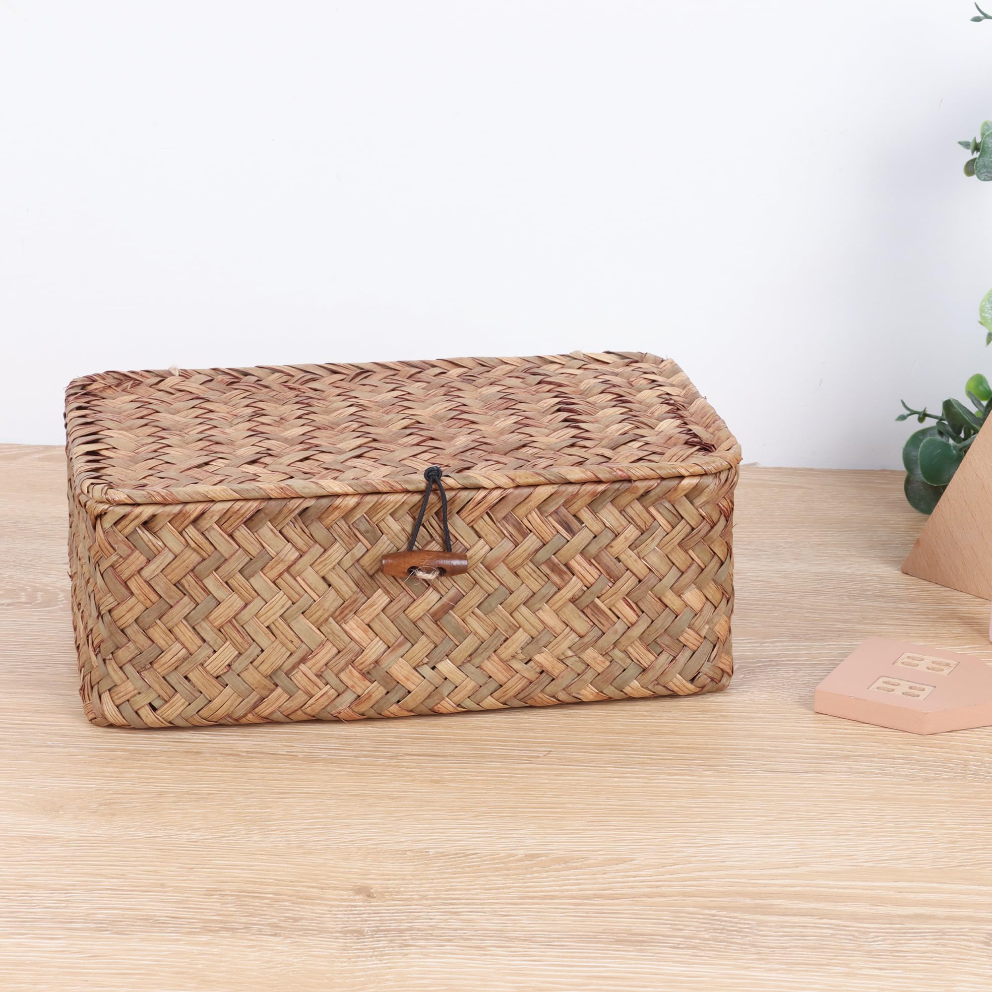 FEIALNDUO Wicker Shelf Baskets with Lid,Seagrass Storage Basket Bins Rectangular Handwoven Basket Boxes for Shelves Desktop Home Organizer (Coffee - Image 4