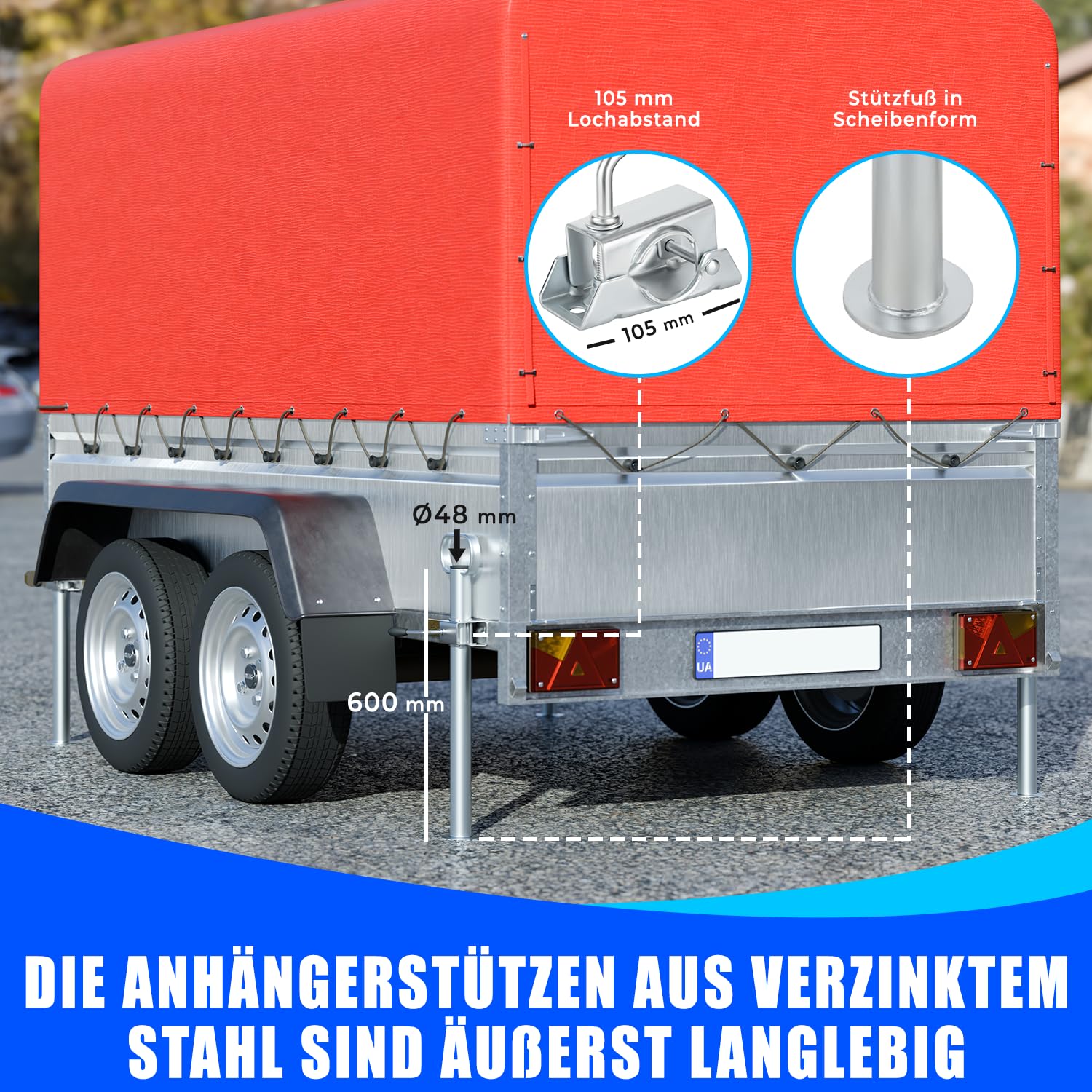 AUTOLIGHT 24 2X Anhängerstützen, 2X Unterlegkeile mit Halterung & höhenverstellbares Stützrad – Verzinkter Stahl, bis 750 kg, inkl. Zubehör Komplettset für Anhänger