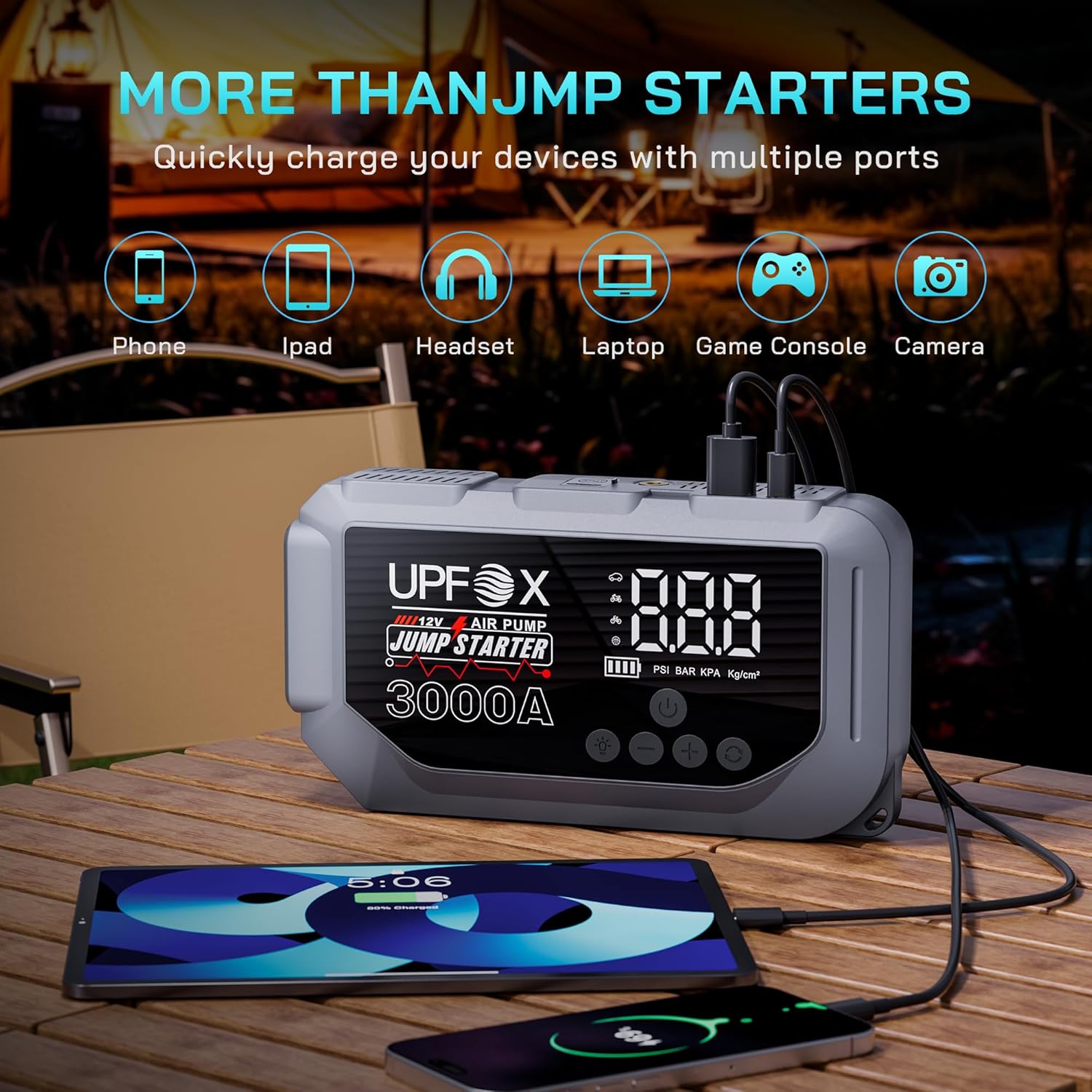 3000A Jump Starter with Air Compressor 12V, 44.4Wh Portable Car Jump Starter for 8.0L Gas & 6.0L Diesel Engines, 150PSI Tire Inflator with LED Display, Emergency Jump Box with Jumper Cables - Image 5