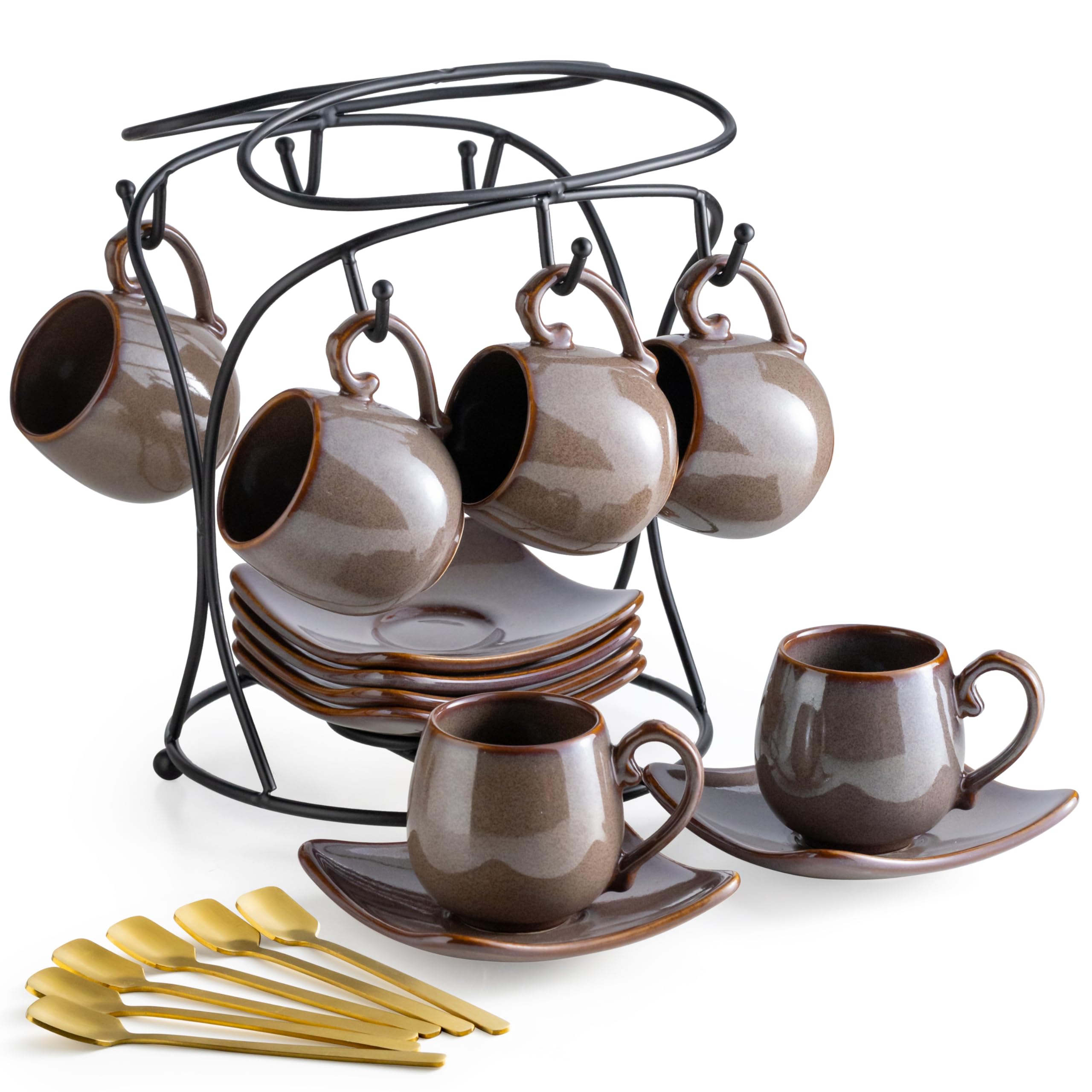 LYEOBOH Kaffee-Espressotassen mit Untertassen, Keramik, kleine Kaffeetassen mit Halter und Löffeln, süße Demitasse-Tassen für Espresso, Latte, Mokka, Einweihungsgeschenk, Bauernhaus, Braun