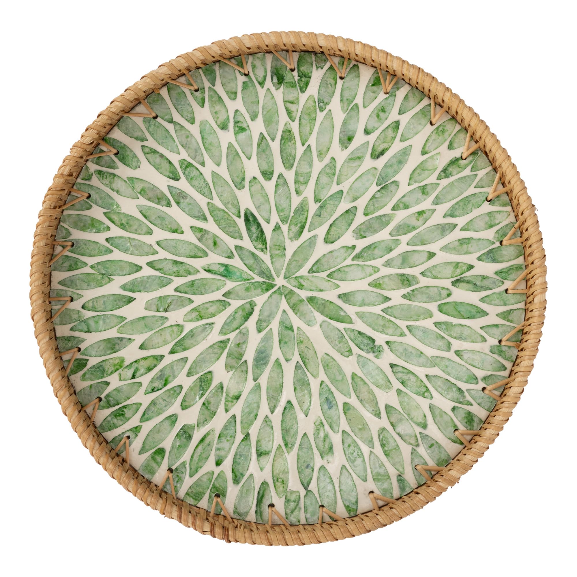 StorageWorks Decorative Coffee Table Trays for Home Decor, Round Rattan Tray with Mother of Pearl Inlay, Small Wicker Woven Serving Tray Decor for Kitchen Counter, Living Room and Ottoman, Green
