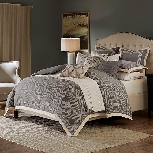 Madison Park Signature Cozy Comforter Set - All Season Bedding Combo Filled Insert and Removable Duvet Cover, Shams, Decorative Pillows, King (110 in x 96 in), Geometric Grey 10 Piece